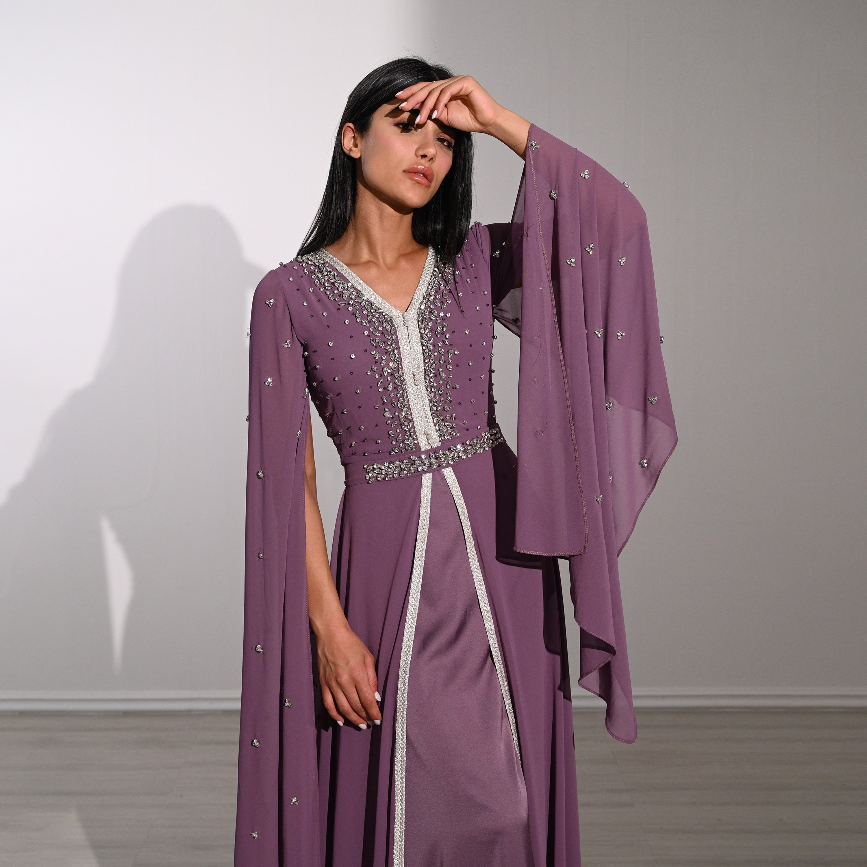 Akadia Crystal Work Laced Chiffon Cape Sleeves Belted Evening Women's Maxi Dress-women-clothing-dresses-image-5