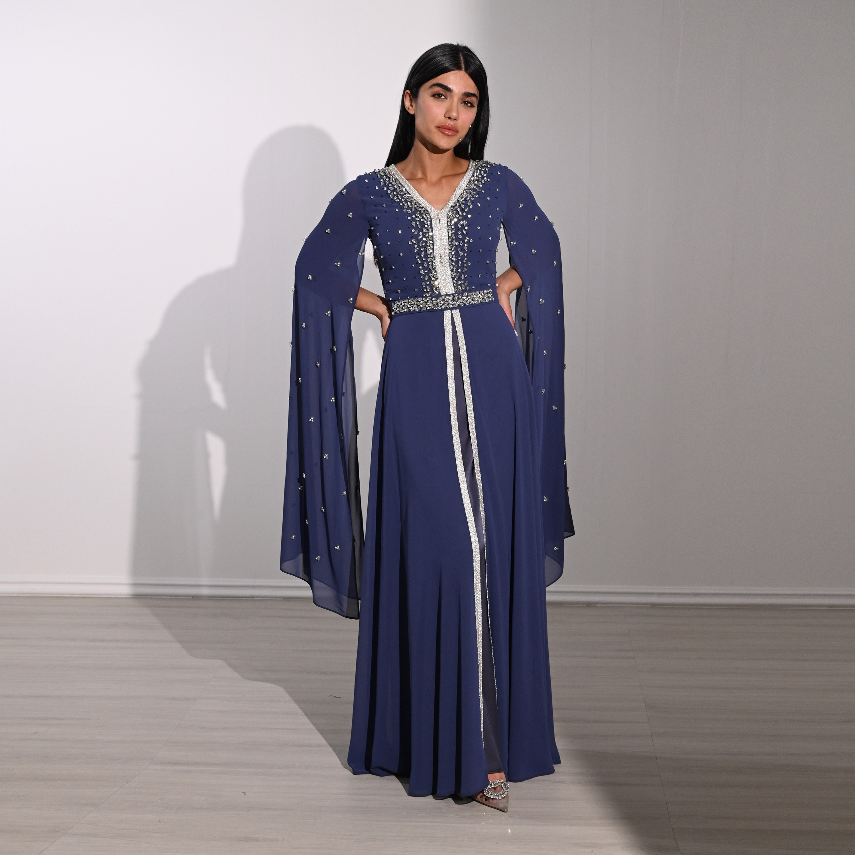 Akadia Crystal Work Laced Chiffon Cape Sleeves Belted Evening Women's Maxi Dress-women-clothing-dresses-image-17
