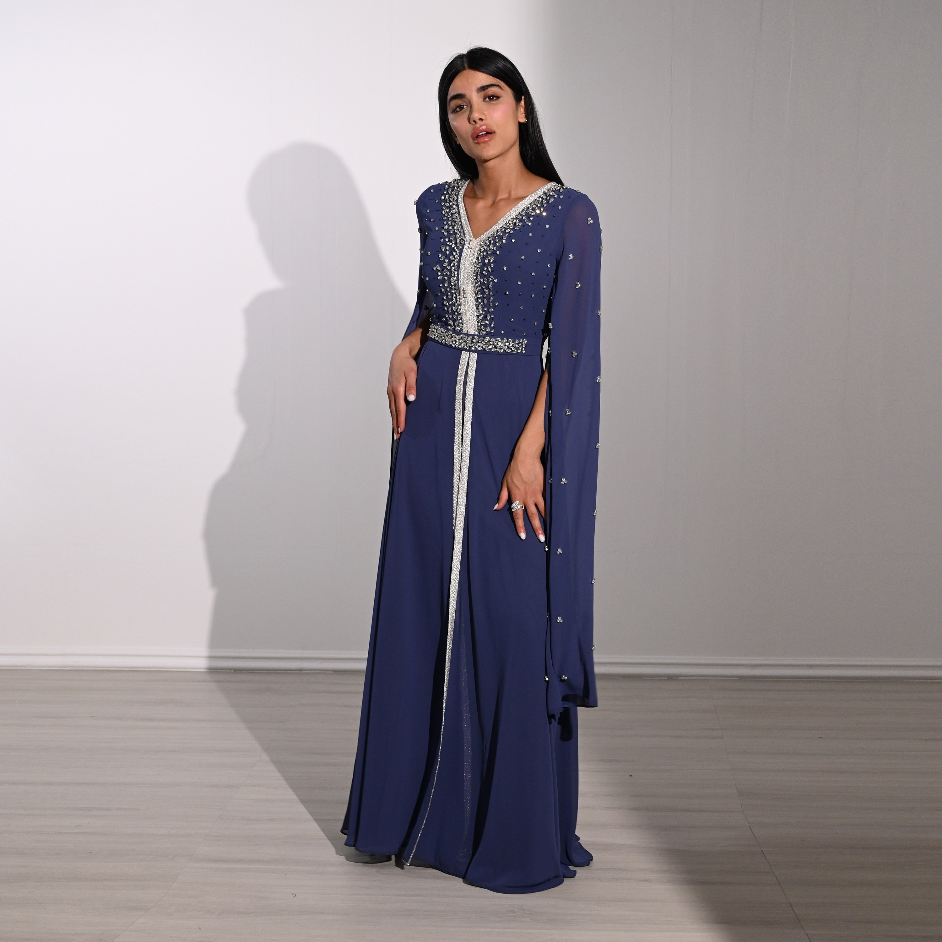 Akadia Crystal Work Laced Chiffon Cape Sleeves Belted Evening Women's Maxi Dress-women-clothing-dresses-image-18