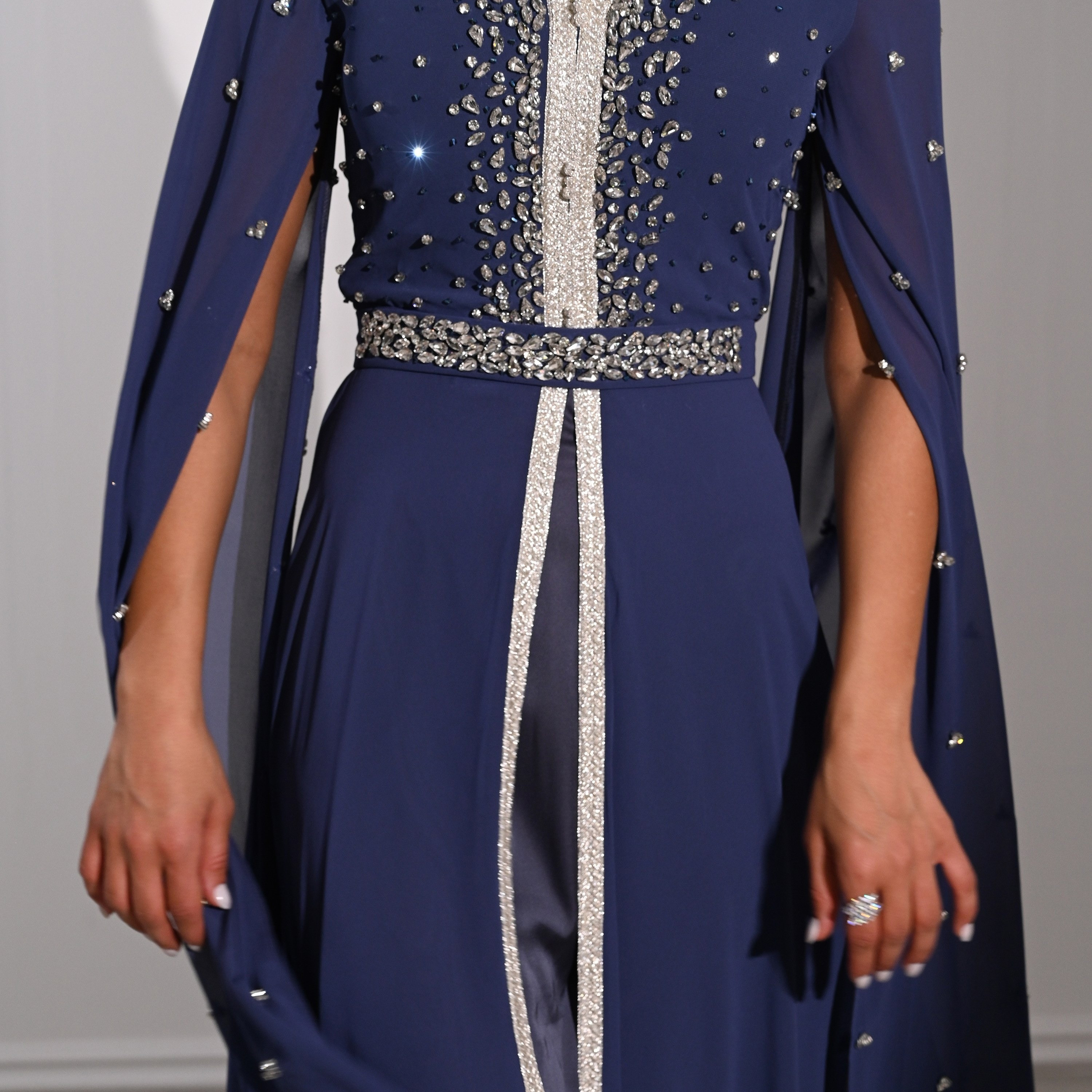 Akadia Crystal Work Laced Chiffon Cape Sleeves Belted Evening Women's Maxi Dress-women-clothing-dresses-image-19