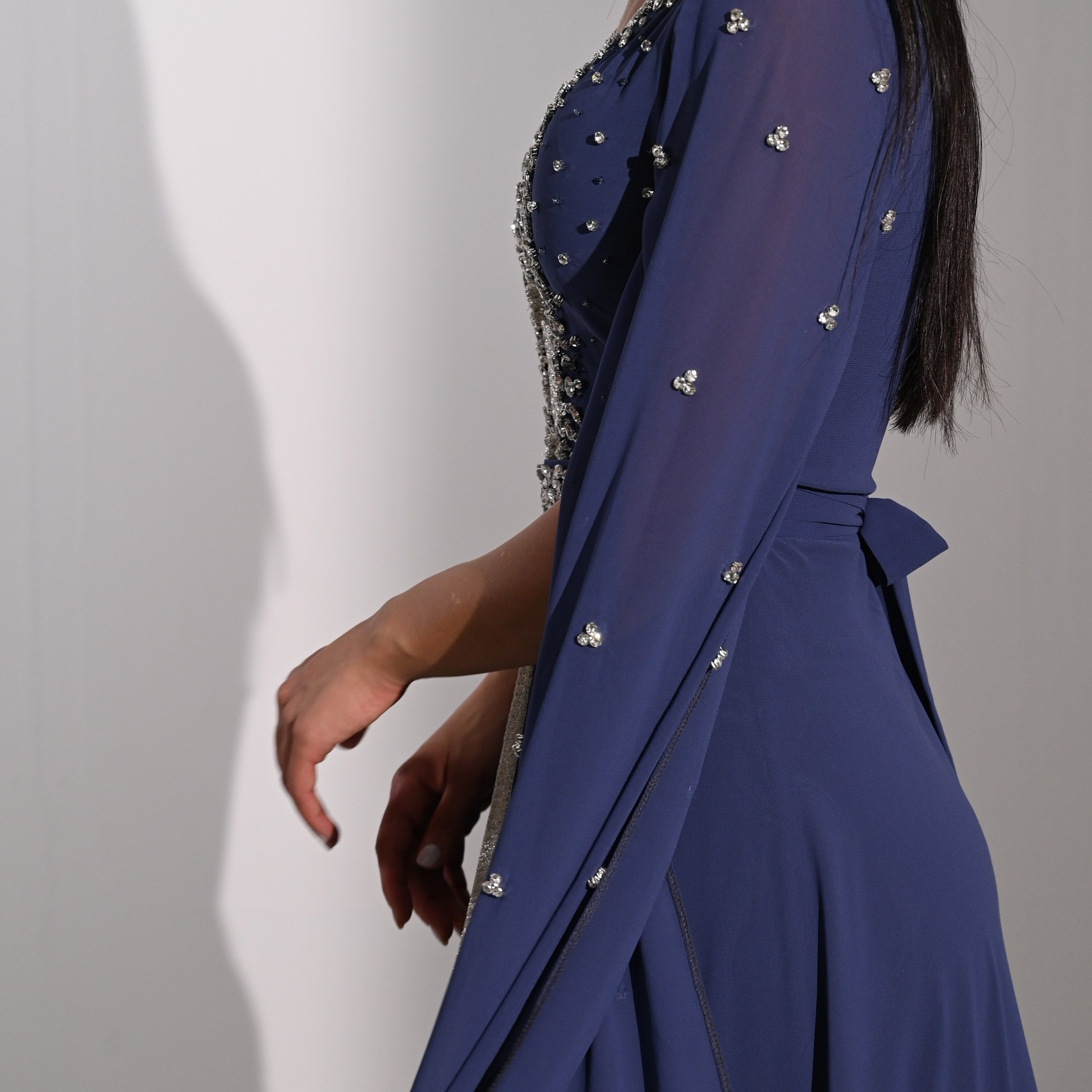 Akadia Crystal Work Laced Chiffon Cape Sleeves Belted Evening Women's Maxi Dress-women-clothing-dresses-image-20