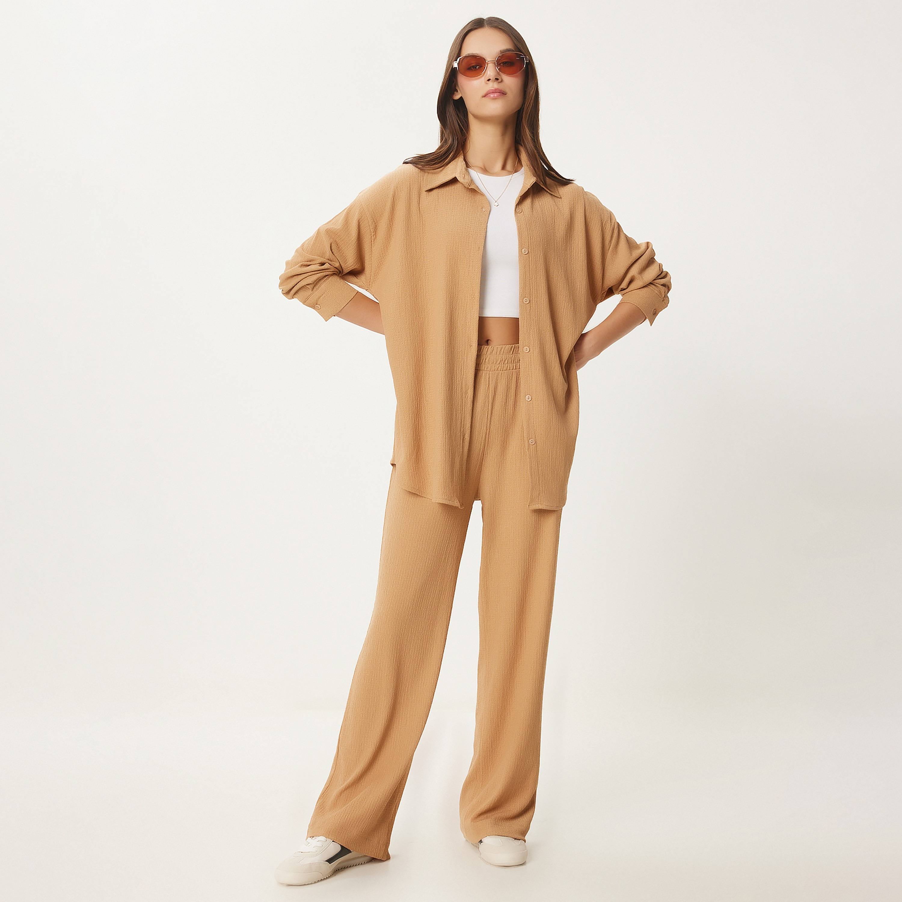 Happiness Istanbul Brown Textured Collared Dropped Sleeves Women's Shirt & Trousers Set-women-clothing-coordsets-image-1