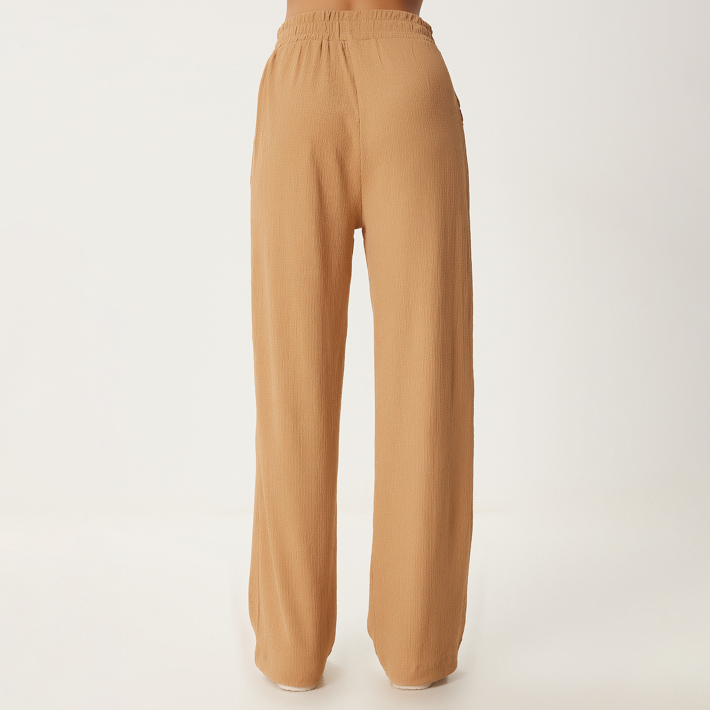 Happiness Istanbul Brown Textured Collared Dropped Sleeves Women's Shirt & Trousers Set-women-clothing-coordsets-image-10