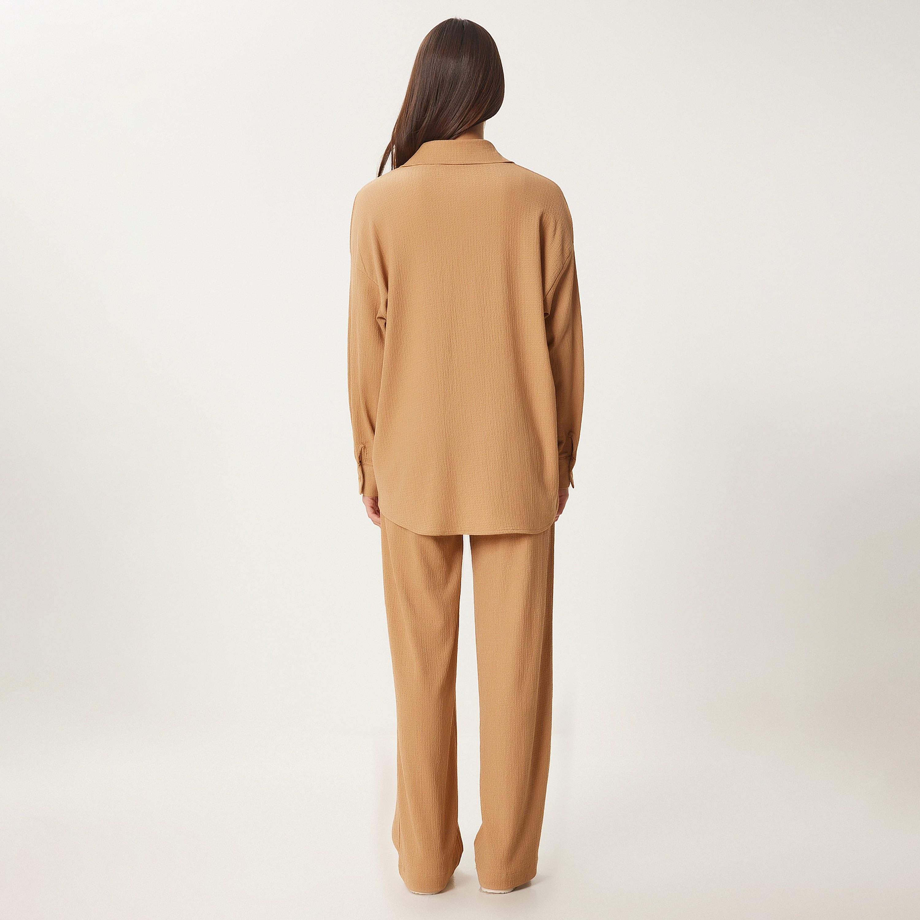 Happiness Istanbul Brown Textured Collared Dropped Sleeves Women's Shirt & Trousers Set-women-clothing-coordsets-image-2