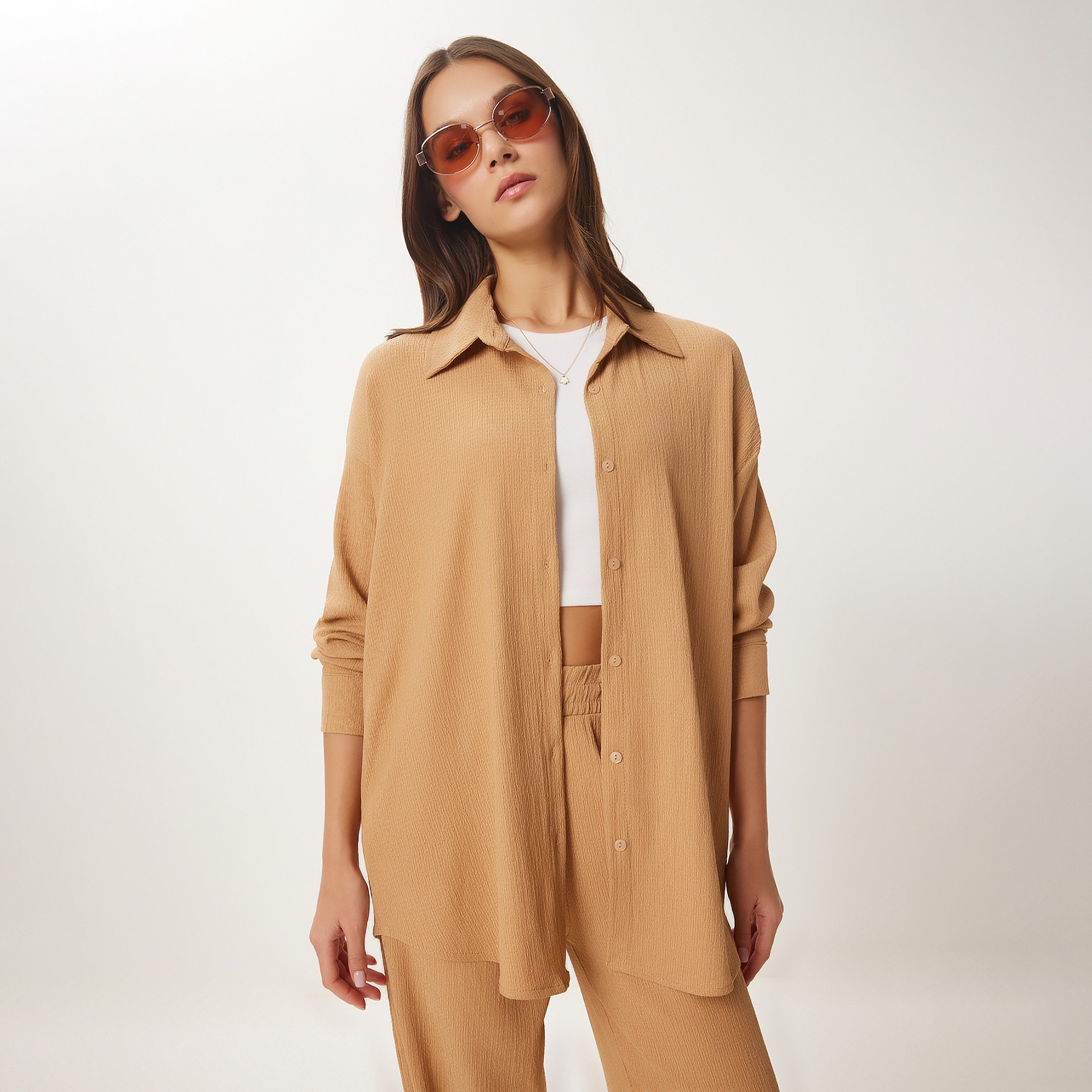 Happiness Istanbul Brown Textured Collared Dropped Sleeves Women's Shirt & Trousers Set-women-clothing-coordsets-image-3