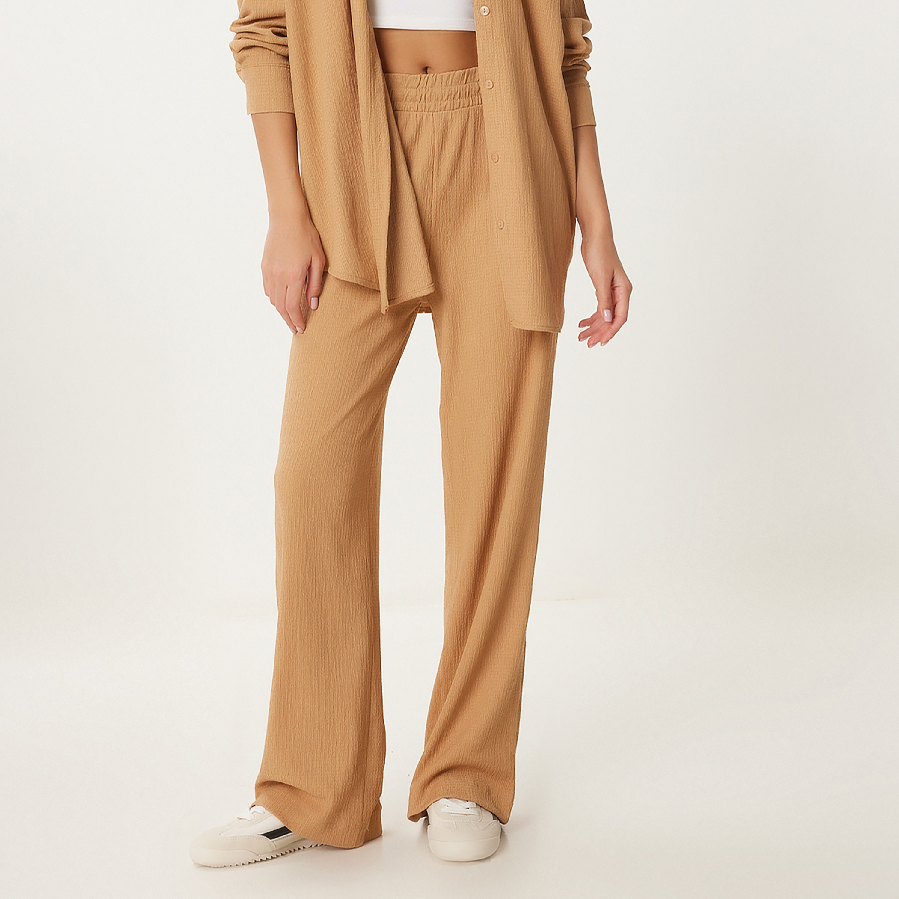Happiness Istanbul Brown Textured Collared Dropped Sleeves Women's Shirt & Trousers Set-women-clothing-coordsets-image-4