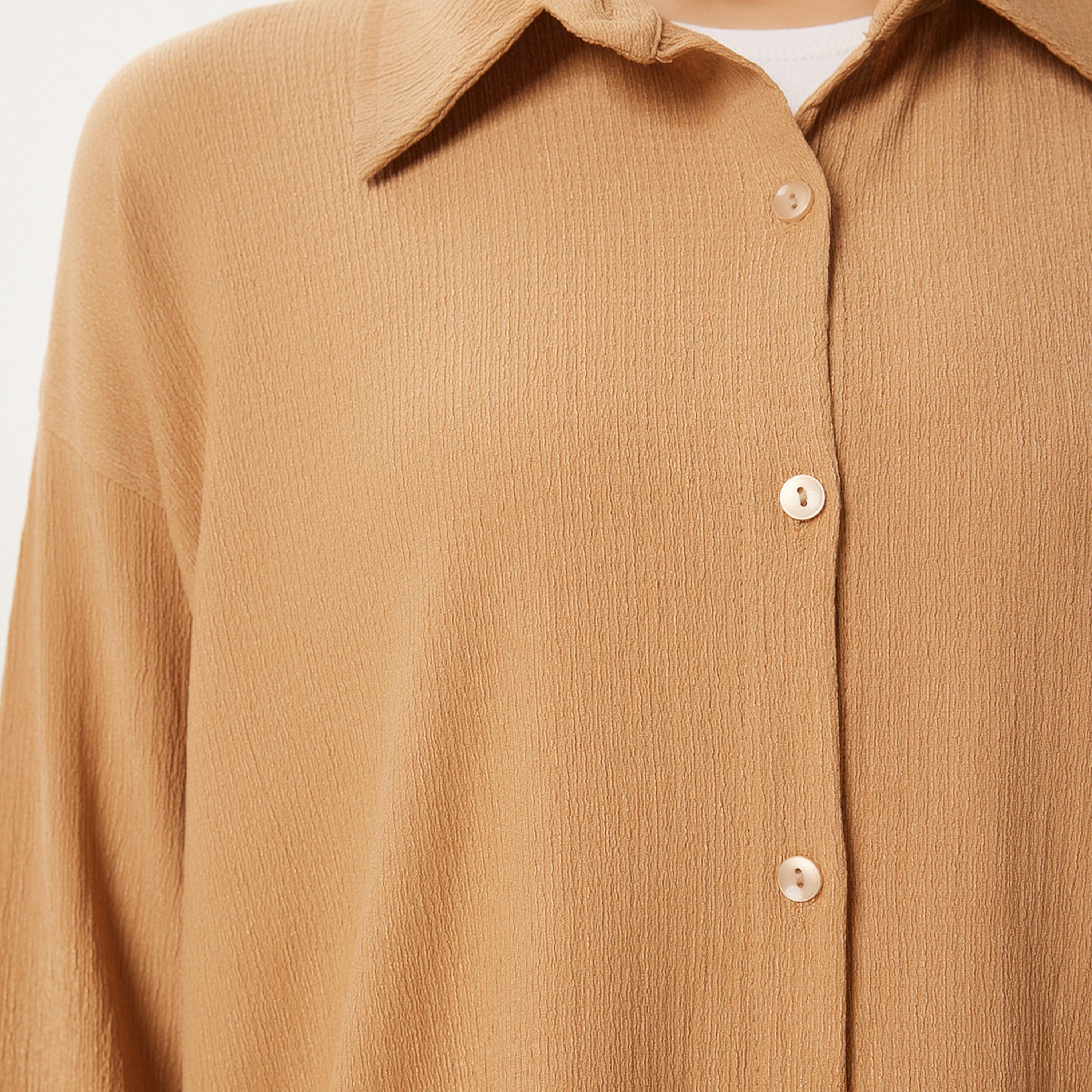 Happiness Istanbul Brown Textured Collared Dropped Sleeves Women's Shirt & Trousers Set-women-clothing-coordsets-image-5