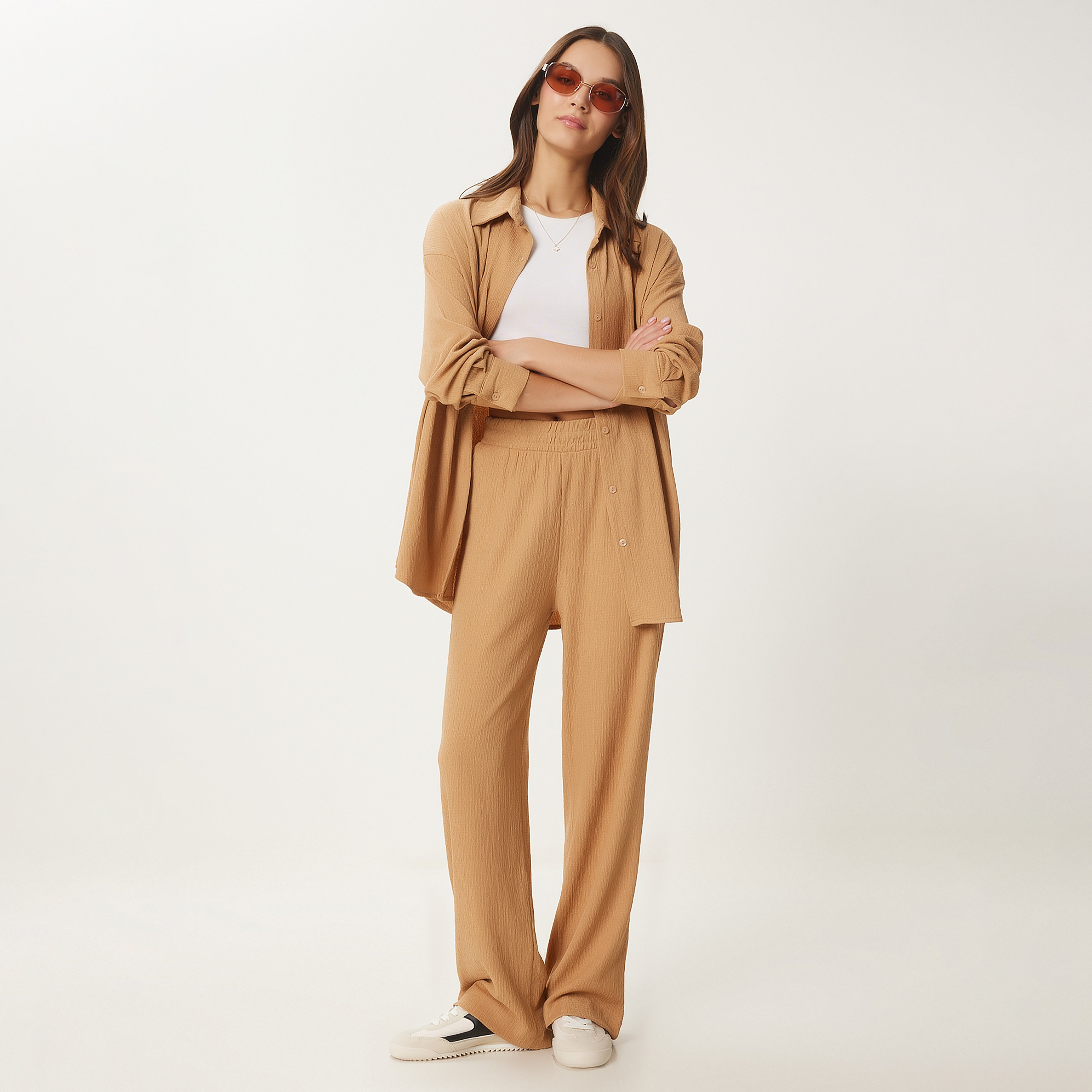 Happiness Istanbul Brown Textured Collared Dropped Sleeves Women's Shirt & Trousers Set-women-clothing-coordsets-image-7