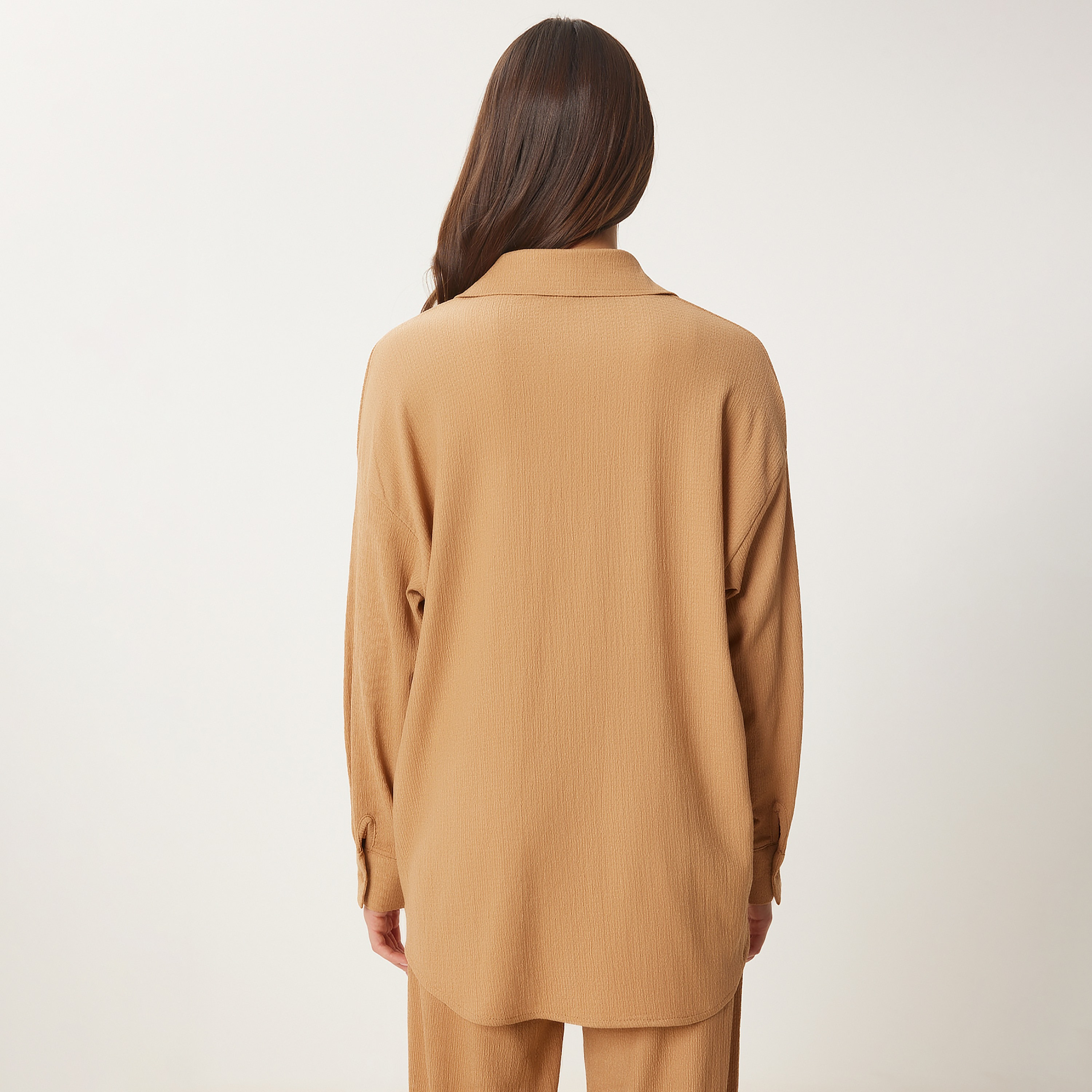 Happiness Istanbul Brown Textured Collared Dropped Sleeves Women's Shirt & Trousers Set-women-clothing-coordsets-image-8