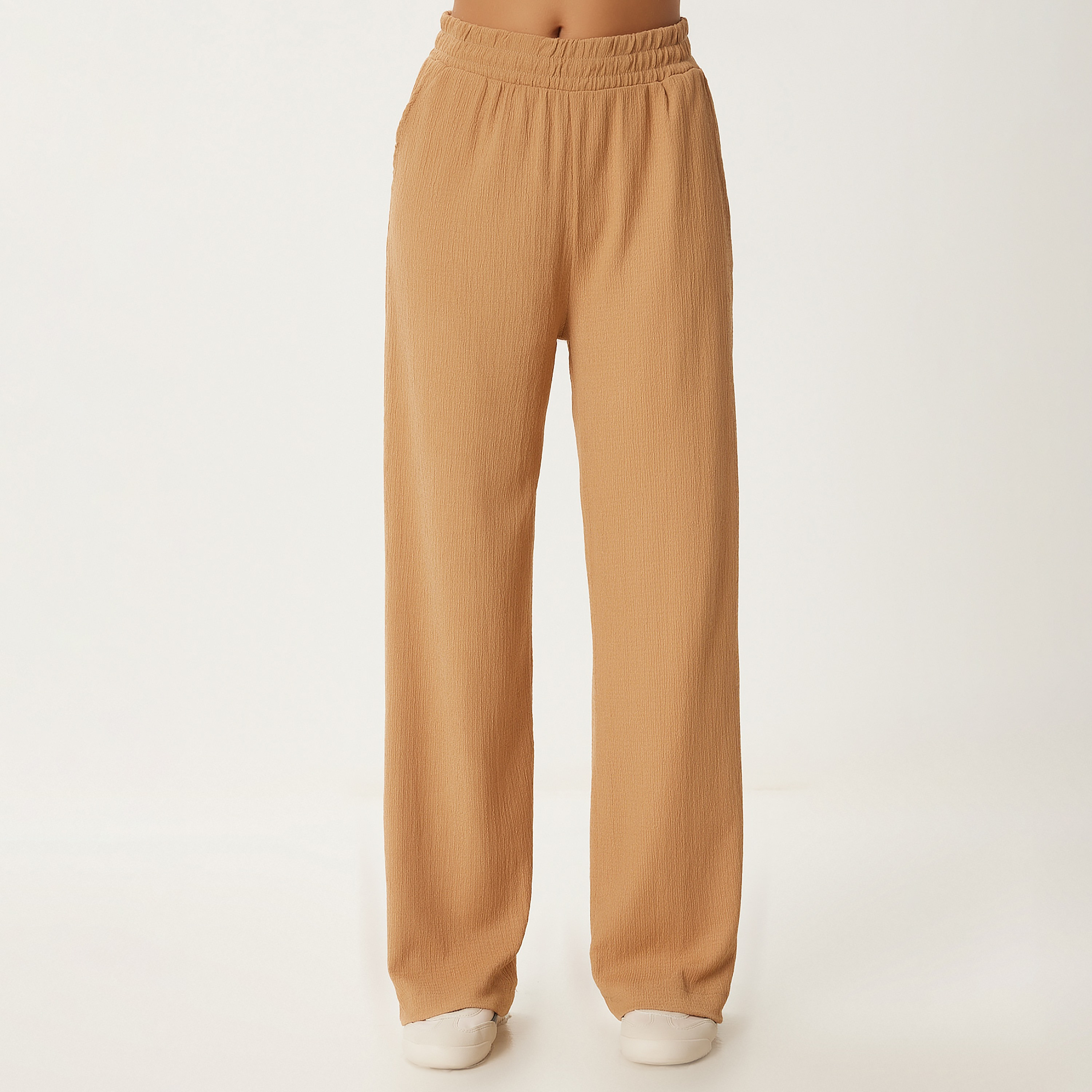 Happiness Istanbul Brown Textured Collared Dropped Sleeves Women's Shirt & Trousers Set-women-clothing-coordsets-image-9