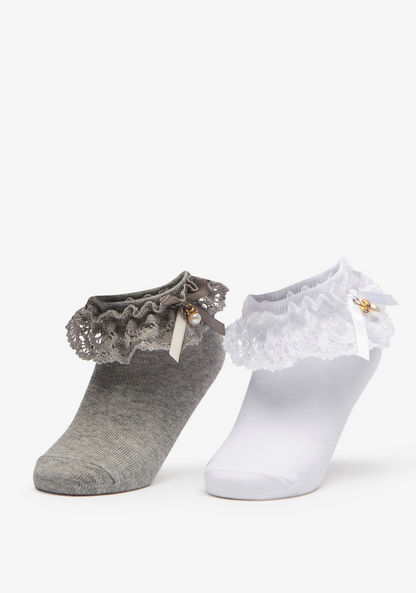 Embellished Ankle Length Socks with Frill Detail and Bow Applique - Set of 2
