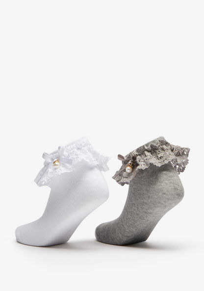 Embellished Ankle Length Socks with Frill Detail and Bow Applique - Set of 2