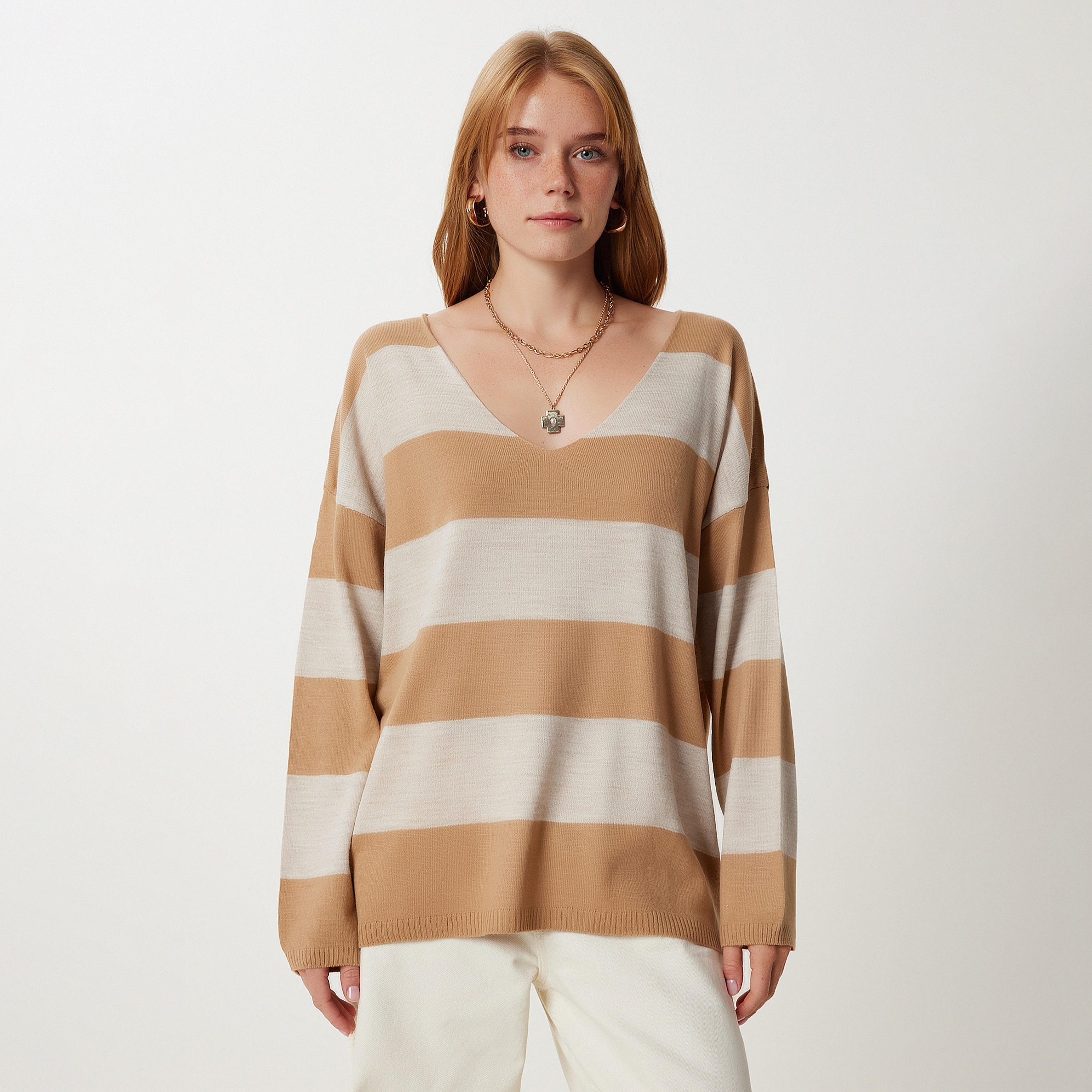 سعادة إسطنبول سترة بنية مخططة بأكمام متدللة-women-clothing-cardigansandjumpers-jumpers-image-3