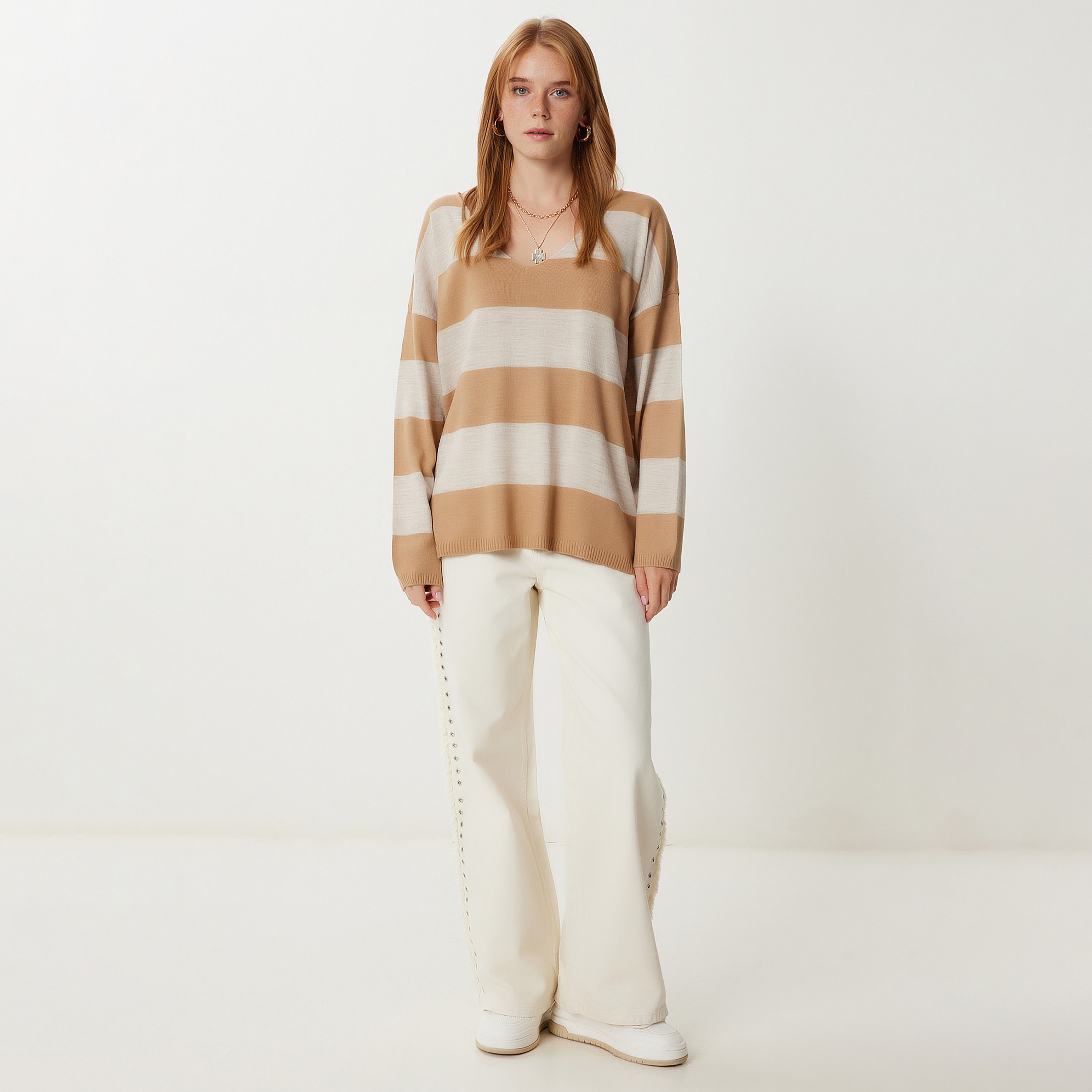 سعادة إسطنبول سترة بنية مخططة بأكمام متدللة-women-clothing-cardigansandjumpers-jumpers-image-3