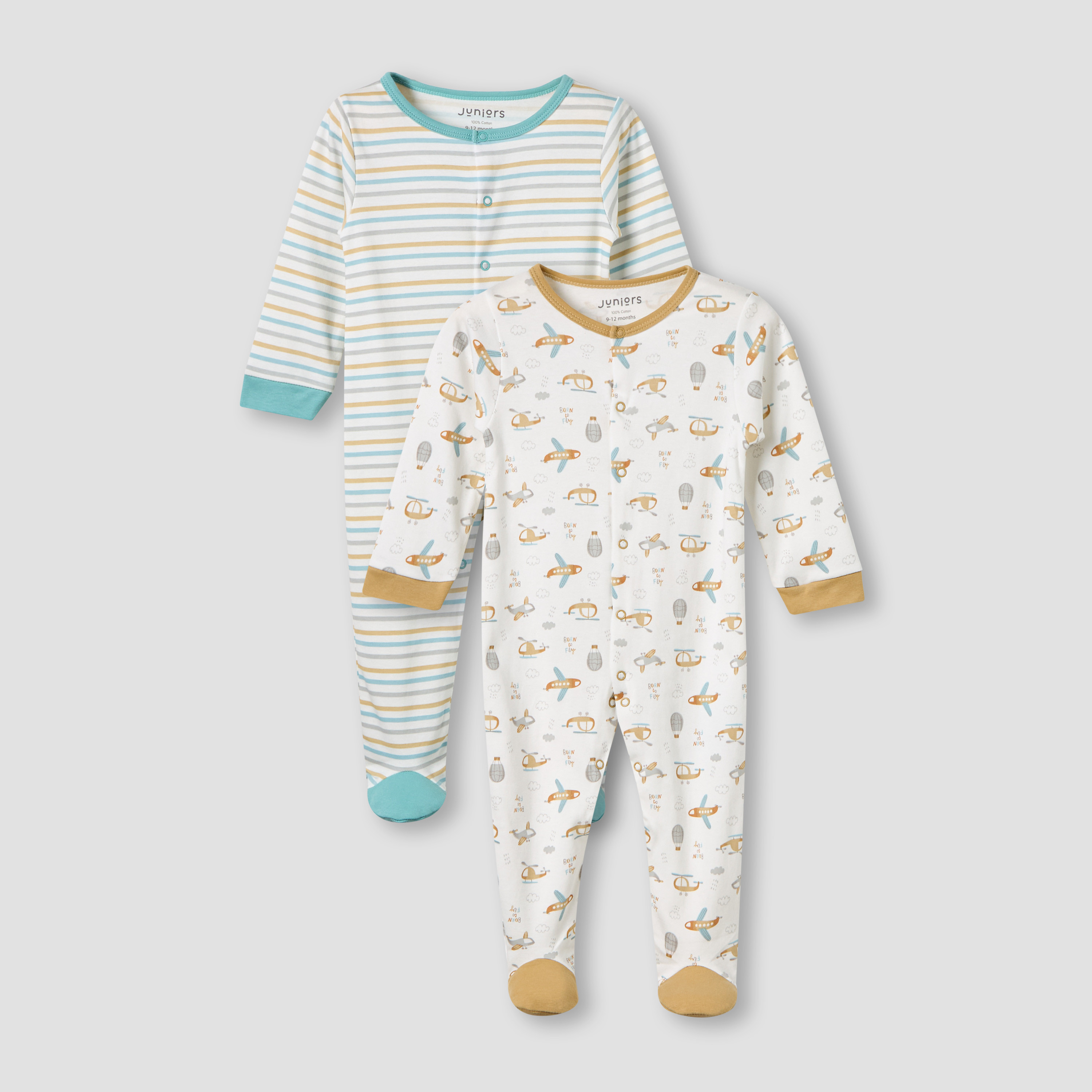 Juniors Cotton Round Neck Long Sleeves Sleepsuit with Snap Button Closure - Pack of 2-baby-boys-clothing-nightwear-sleepsuits-image-1