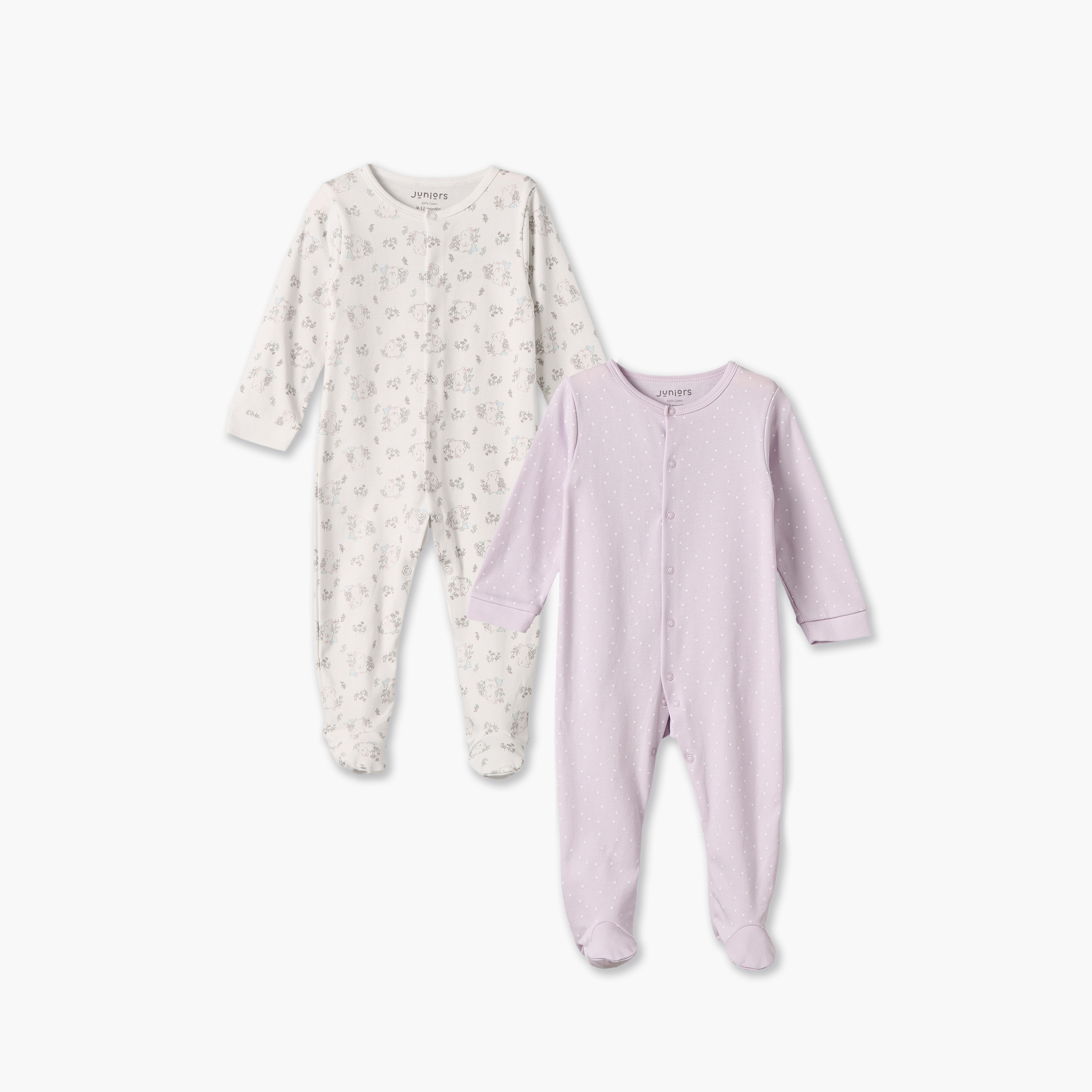 Pack of 2 Juniors Cotton Round Neck Long Sleeves Sleepsuit with Assorted Print-baby-girls-clothing-nightwear-sleepsuits-image-1