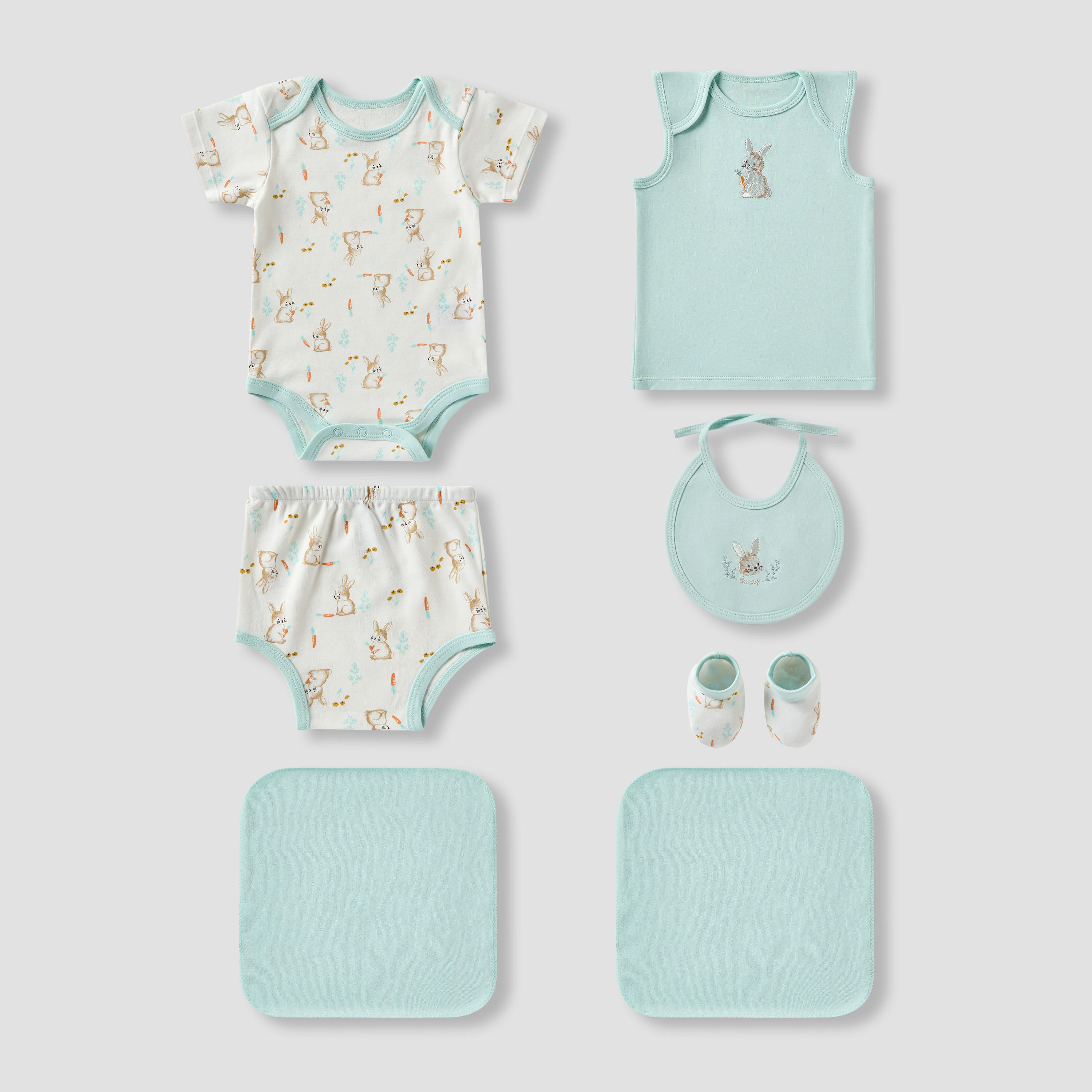 طقم هدايا للبنات 7 قطع - قطن ناعم - بودي سوت، مريلة، أبوات - بطبعات أرنب من جونيورز-baby-girls-clothing-setsandcoords-image-9