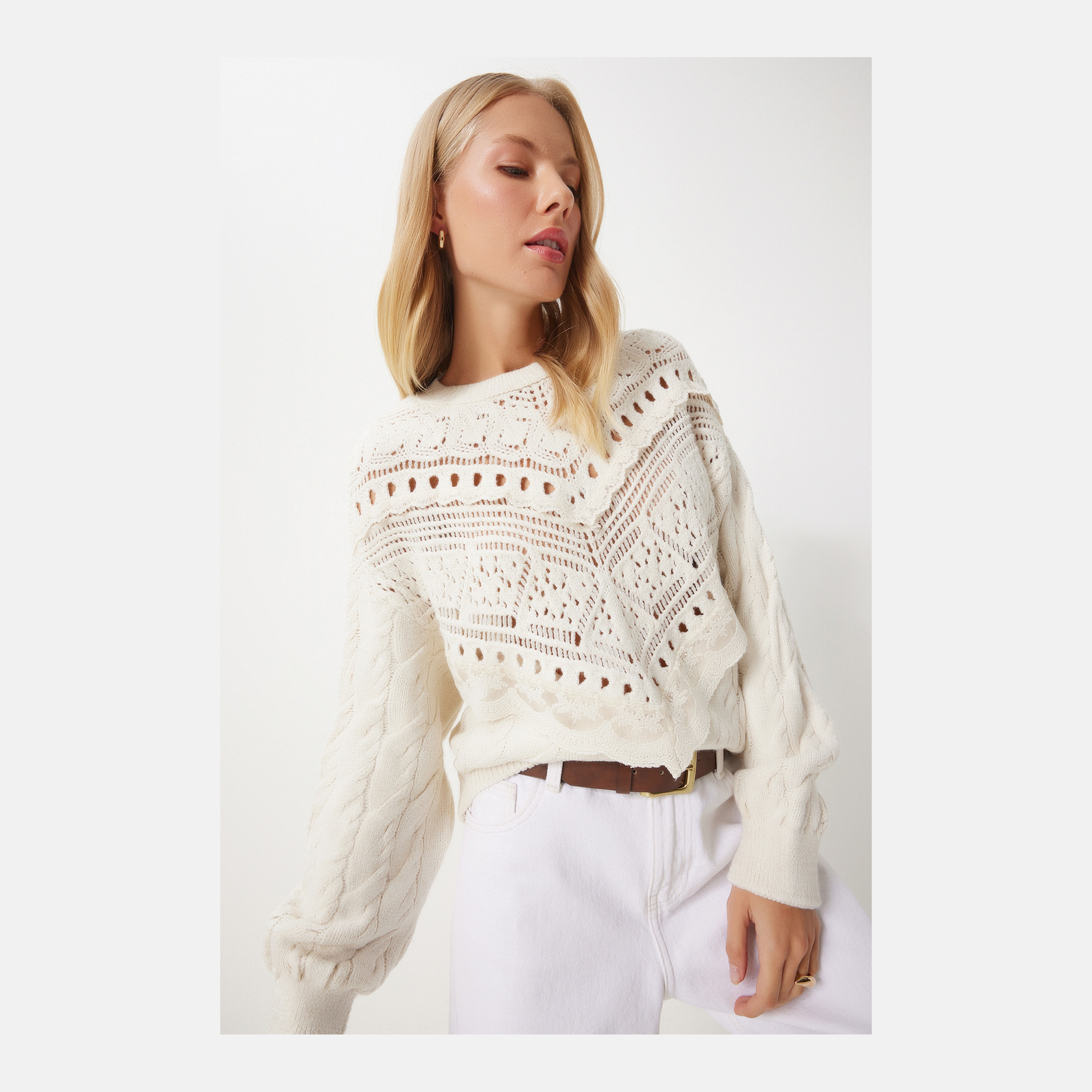 Happiness Istanbul Cable Knitted Cream Women's Sweater-women-clothing-cardigansandjumpers-jumpers-image-2
