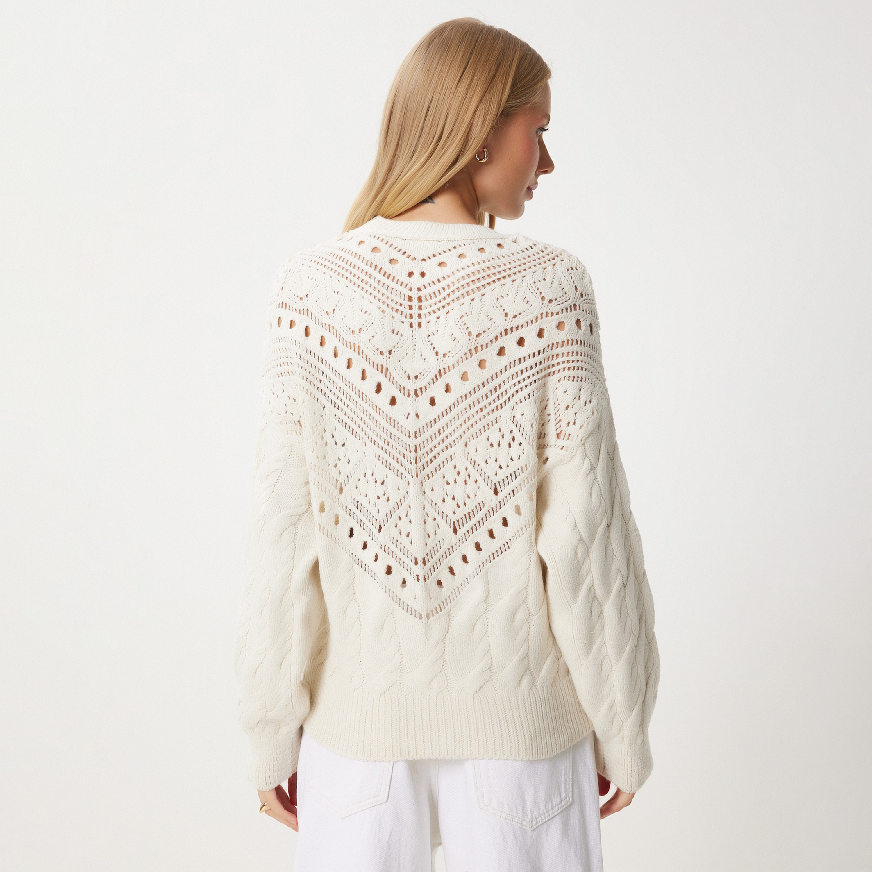 Happiness Istanbul Cable Knitted Cream Women's Sweater-women-clothing-cardigansandjumpers-jumpers-image-3