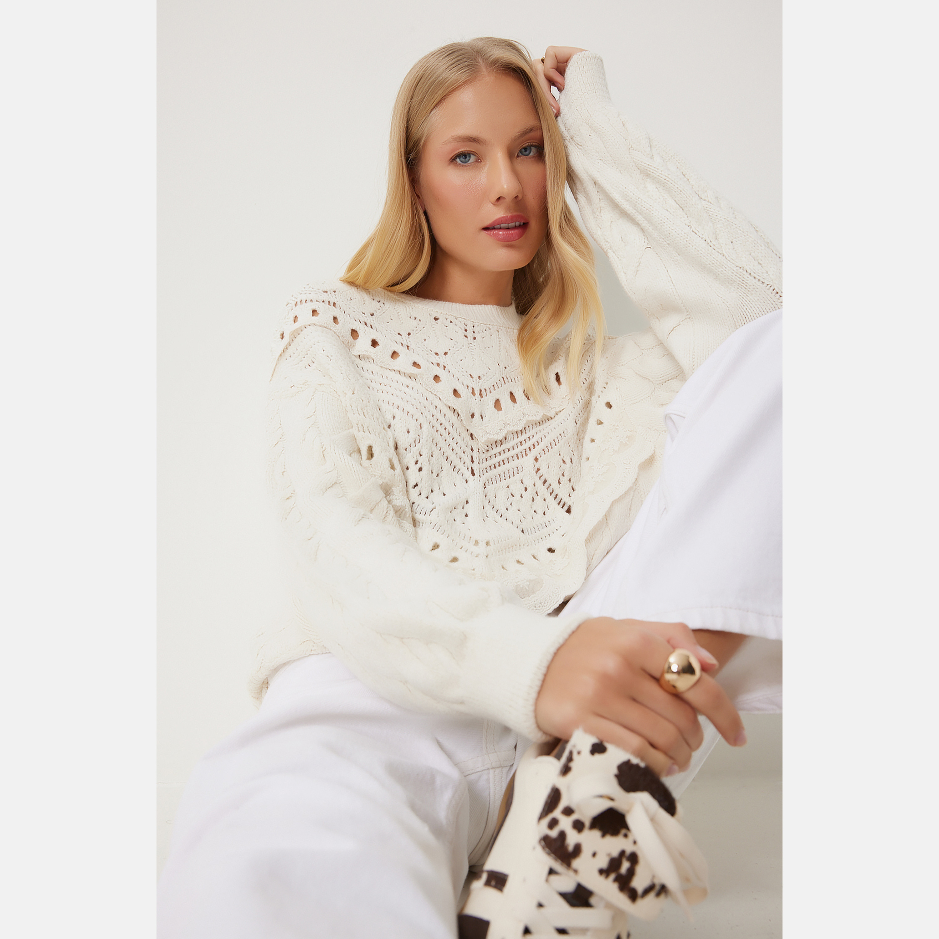 Happiness Istanbul Cable Knitted Cream Women's Sweater-women-clothing-cardigansandjumpers-jumpers-image-5