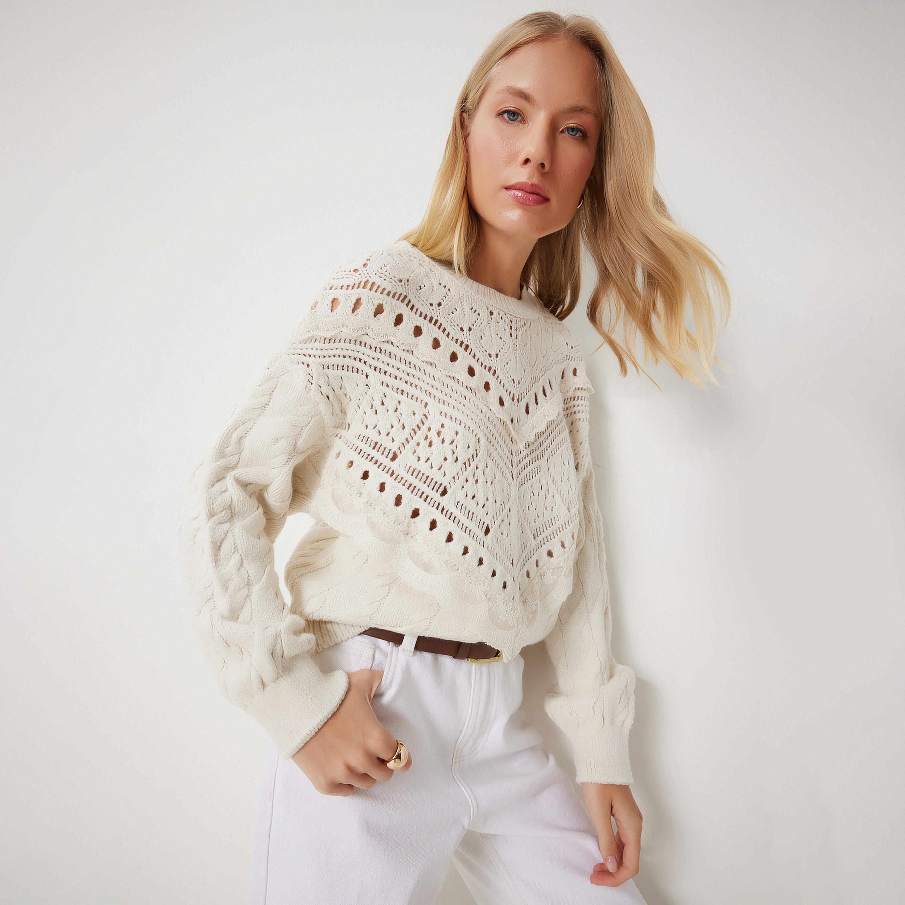 Happiness Istanbul Cable Knitted Cream Women's Sweater-women-clothing-cardigansandjumpers-jumpers-image-6