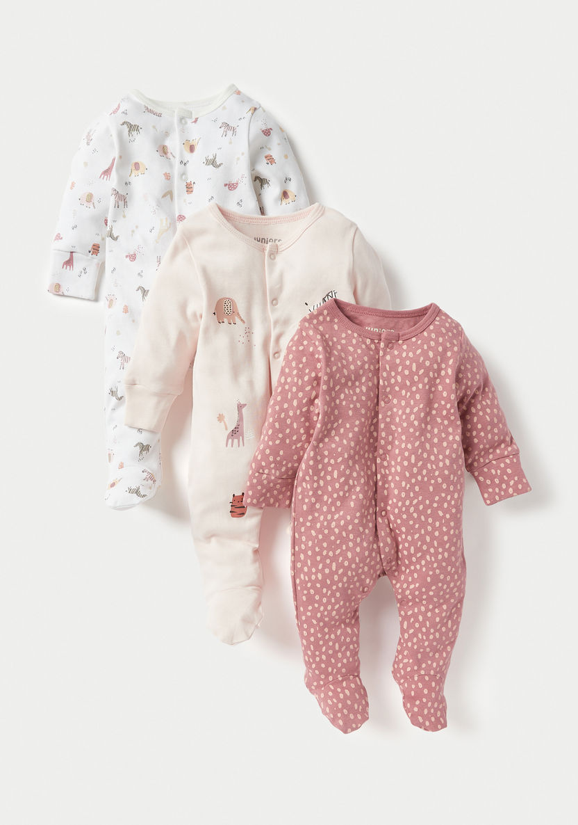 Juniors Printed Sleepsuit with Long Sleeves and Snap Button Closure - Set of 3-Sleepsuits-image-0