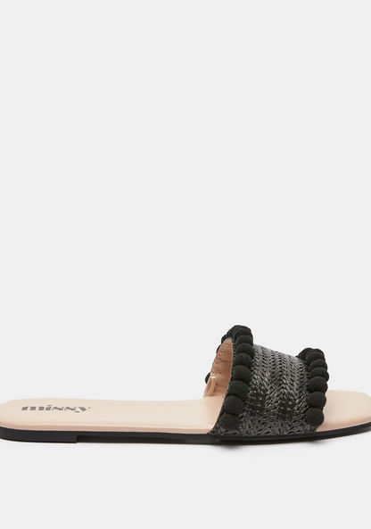 Missy Textured Slip-On Slide Sandals with Pom-Pom Detail-Women%27s Flat Sandals-image-0