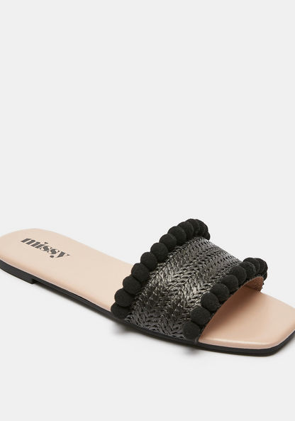 Missy Textured Slip-On Slide Sandals with Pom-Pom Detail-Women%27s Flat Sandals-image-1