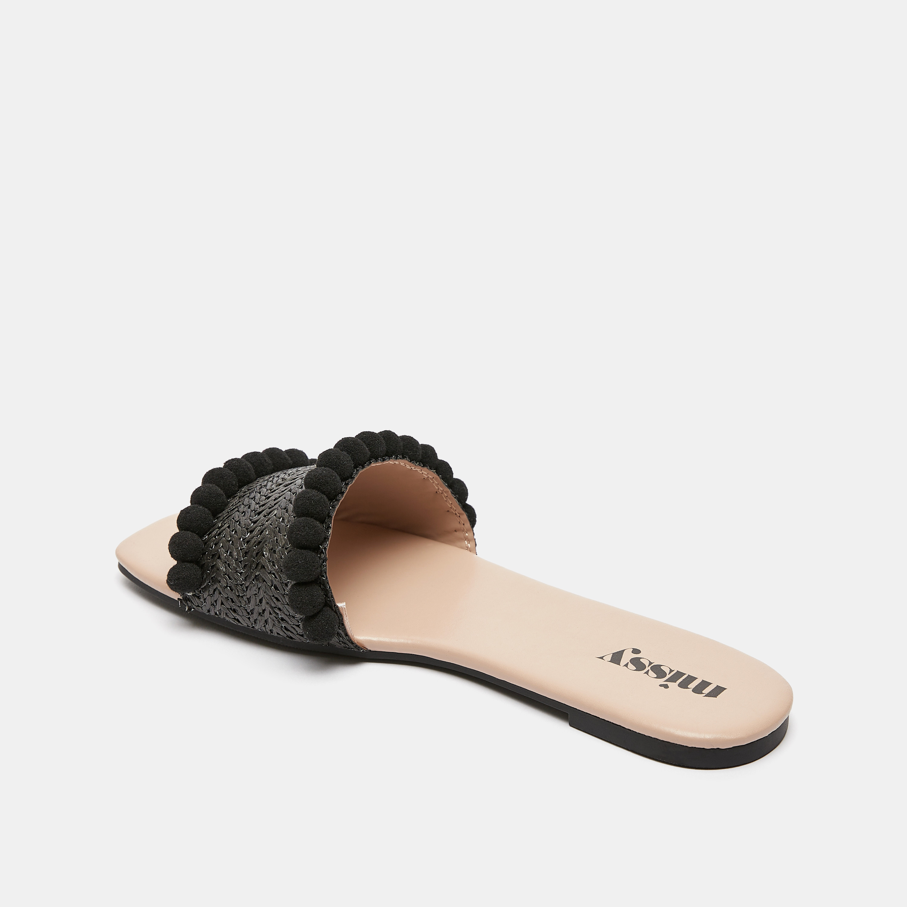 Shop Missy Textured Slip On Slide Sandals with Pom Pom Detail