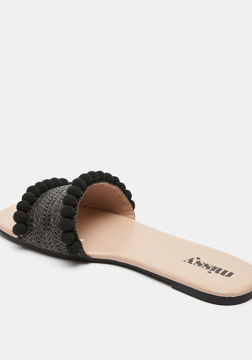 Missy Textured Slip-On Slide Sandals with Pom-Pom Detail-Women%27s Flat Sandals-image-3