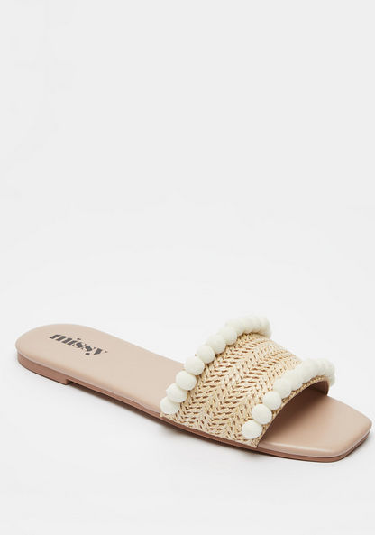 Missy Textured Slip-On Slide Sandals with Pom-Pom Detail-Women%27s Flat Sandals-image-1