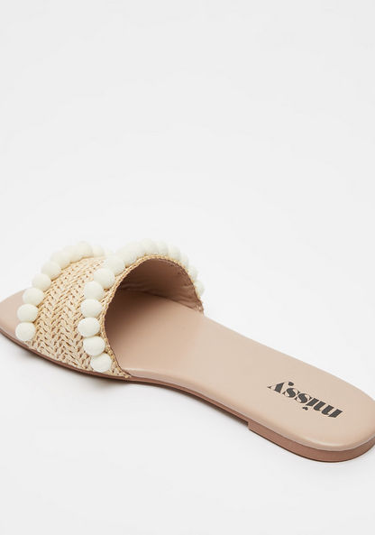 Missy Textured Slip-On Slide Sandals with Pom-Pom Detail-Women%27s Flat Sandals-image-2