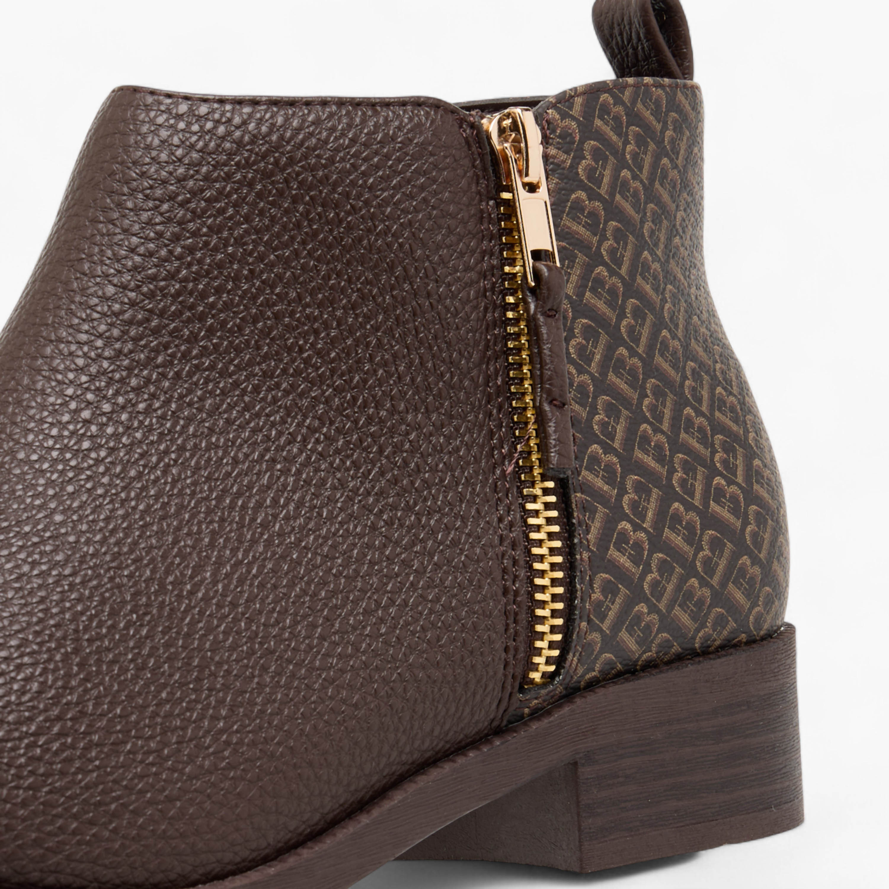 Flora Bella Monogram Print  Ankle Boots with Block Heels and Zip Closure-women-shoes-boots-image-4
