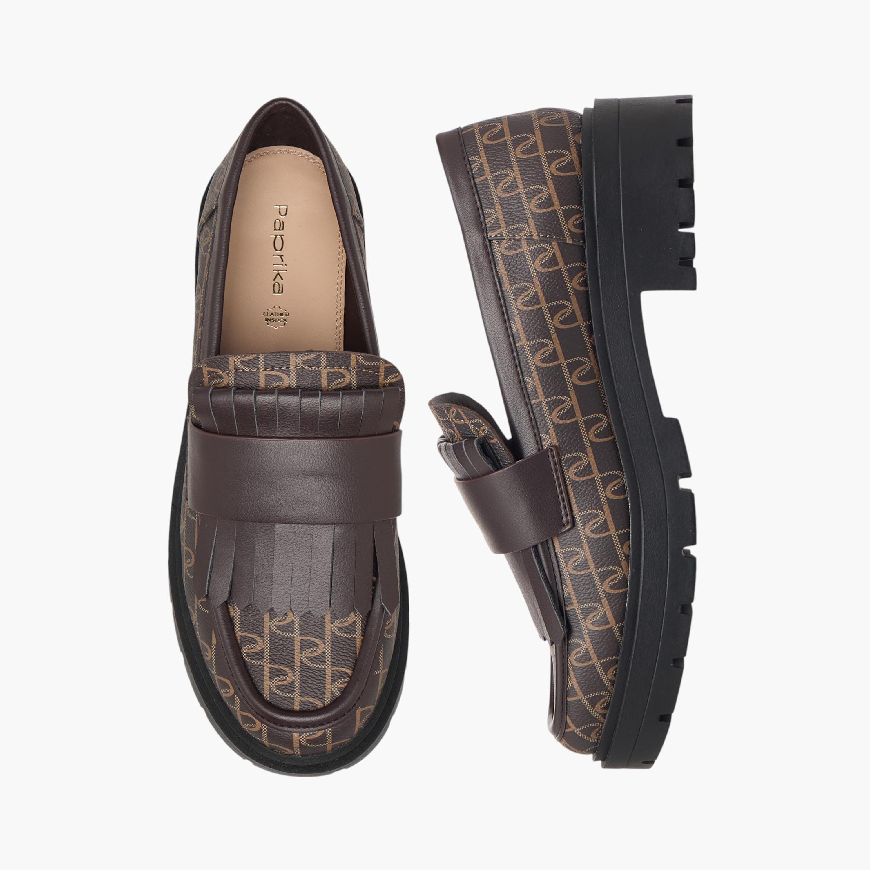 Paprika Monogram Print Slip-On Loafers with Fringe Detail-women-shoes-heels-image-1