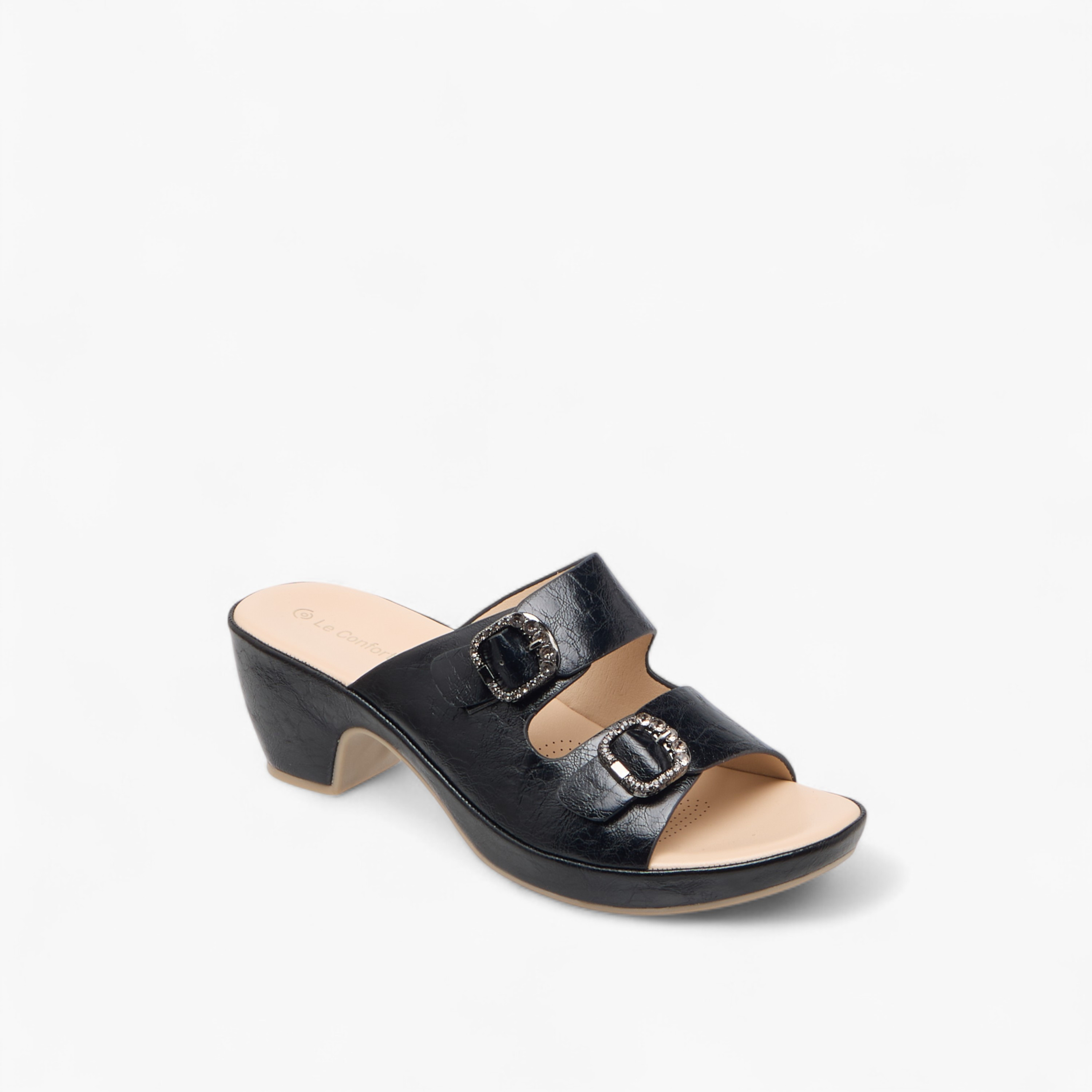Le Confort Textured Slip-On Comfort Sandals with Embellished Buckle Accent-women-shoes-sandals-heeled-image-2