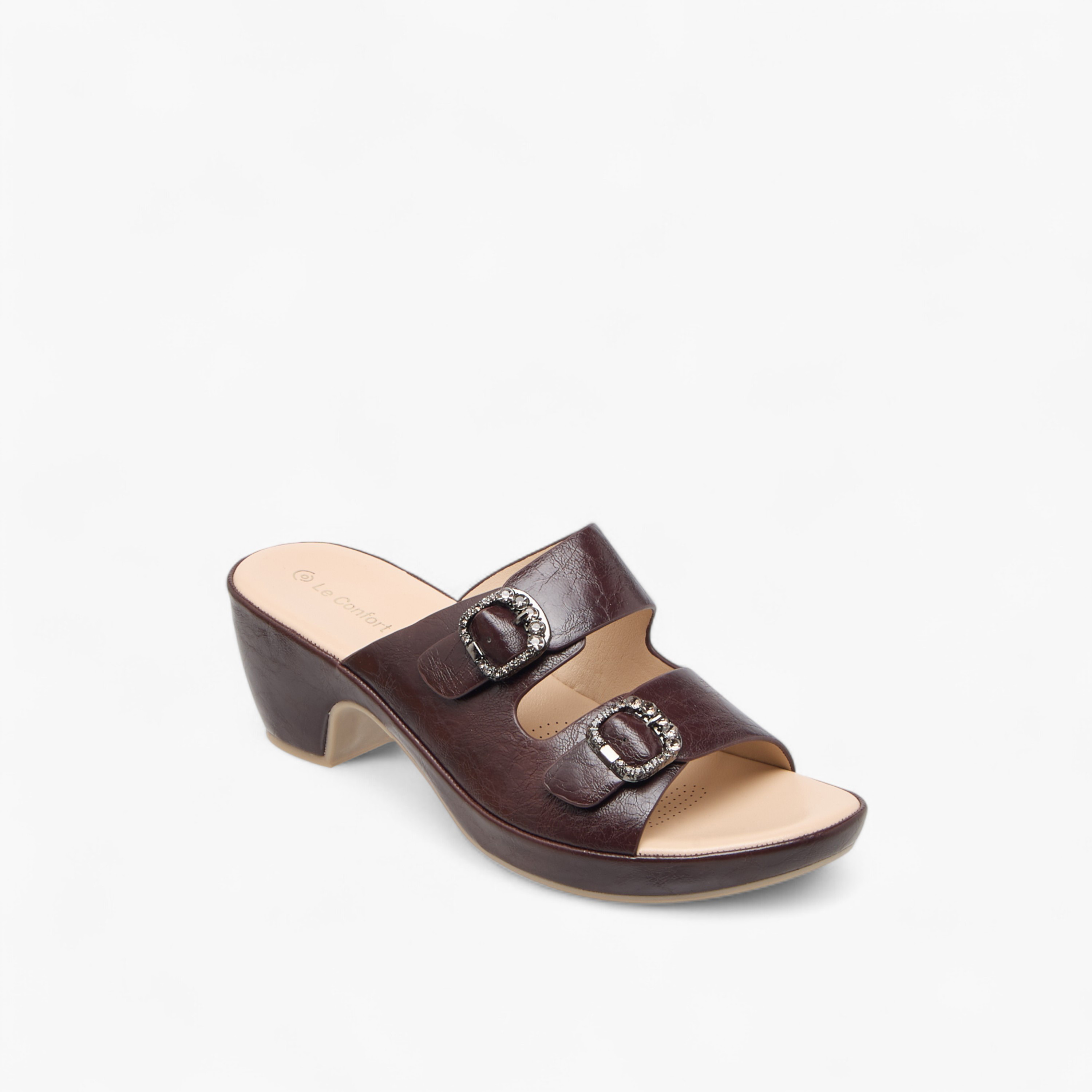 Le Confort Textured Slip-On Comfort Sandals with Embellished Buckle Accent-women-shoes-sandals-heeled-image-2