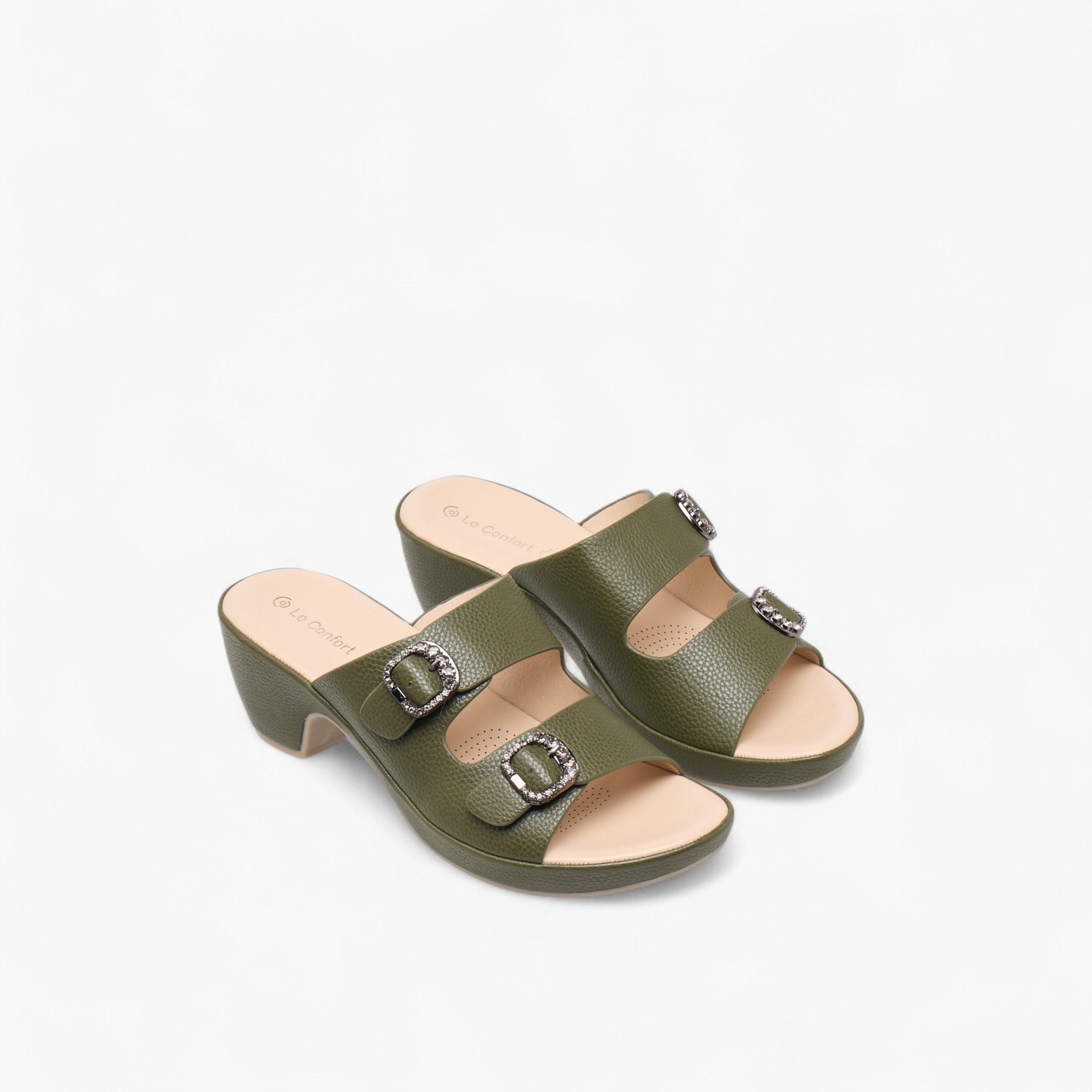 Le Confort Textured Slip-On Comfort Sandals with Embellished Buckle Accent-women-shoes-sandals-heeled-image-1