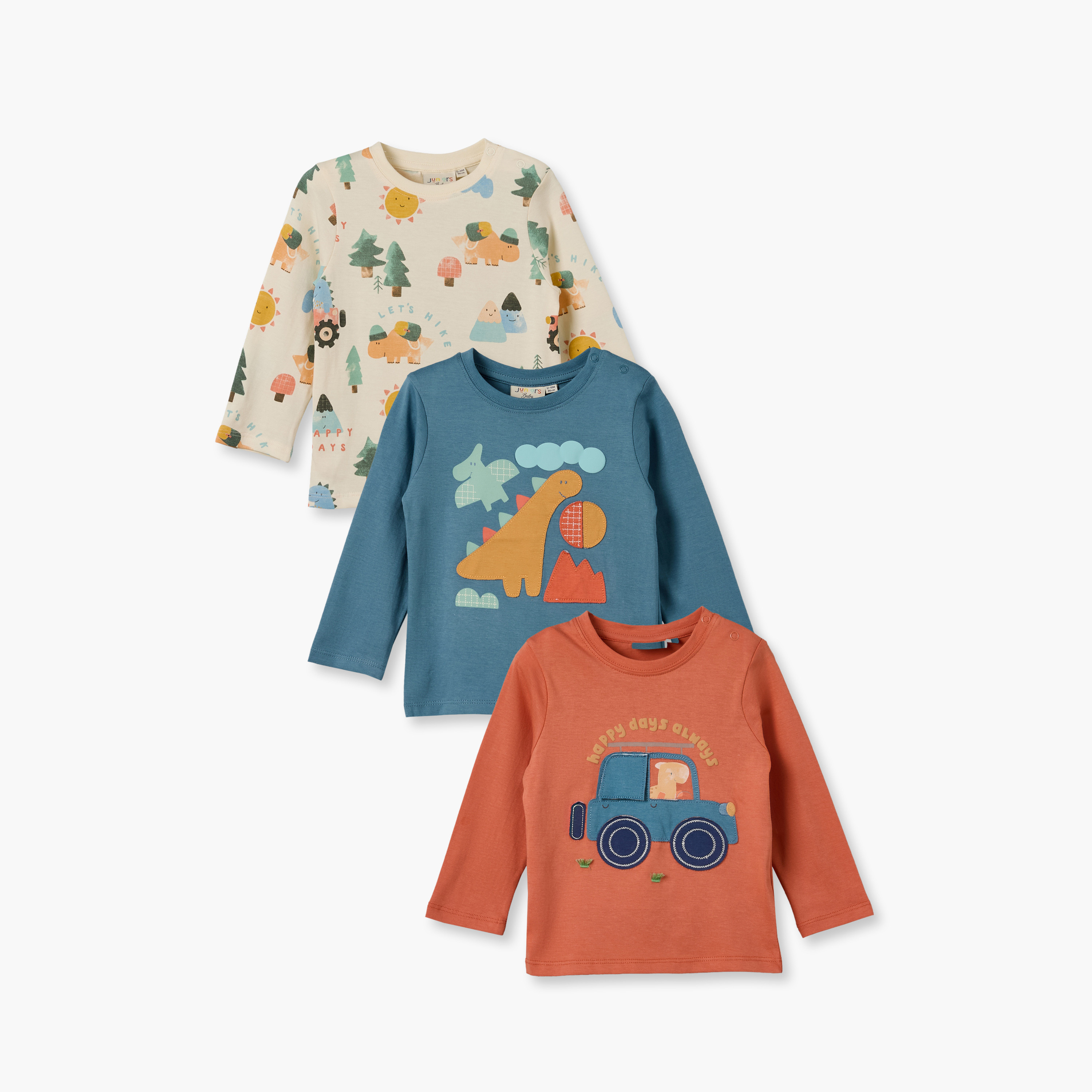 تيشيرتات بطبعات ديناصور وياقة ضيقة وأكمام طويلة من جونيورز - عبوة 3 قطع-baby-boys-clothing-tshirtsandpolos-image-1