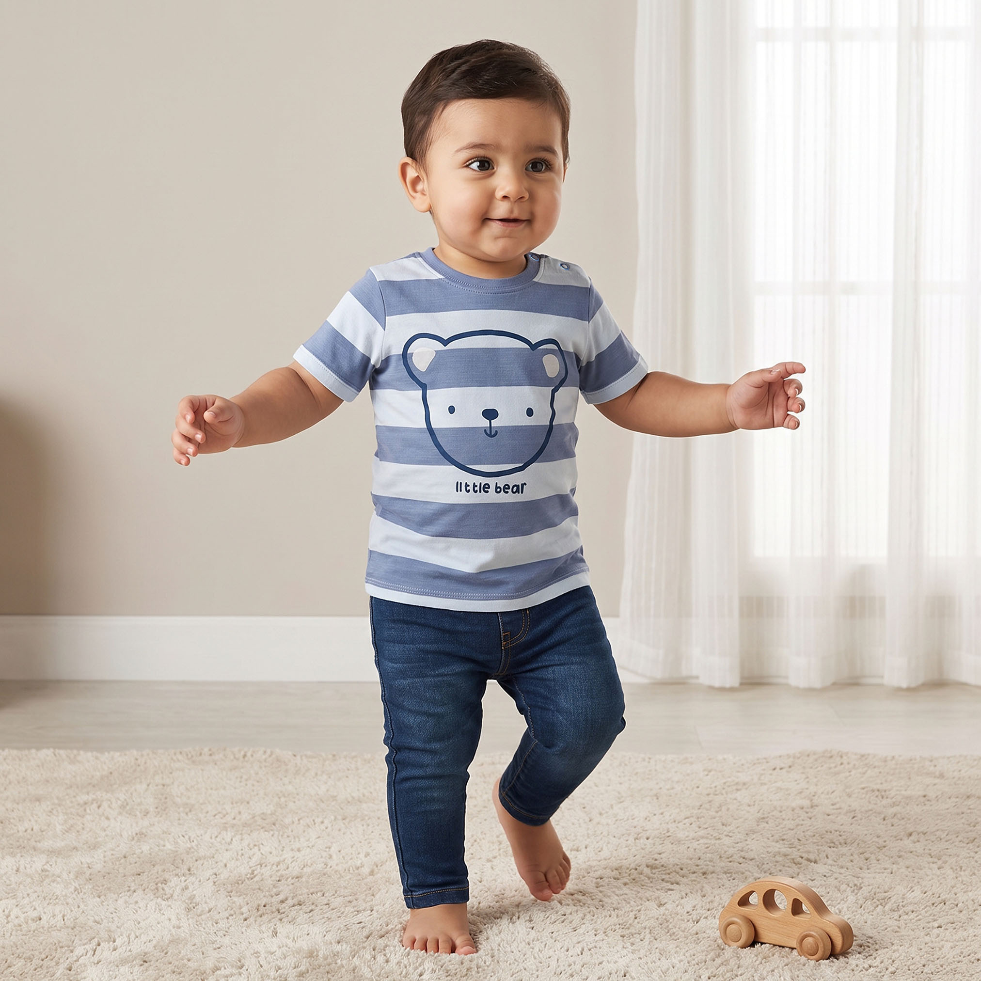 Juniors Crew Neck Short Sleeves T-shirt with Bear Striped Print-baby-boys-clothing-shirts-image-1