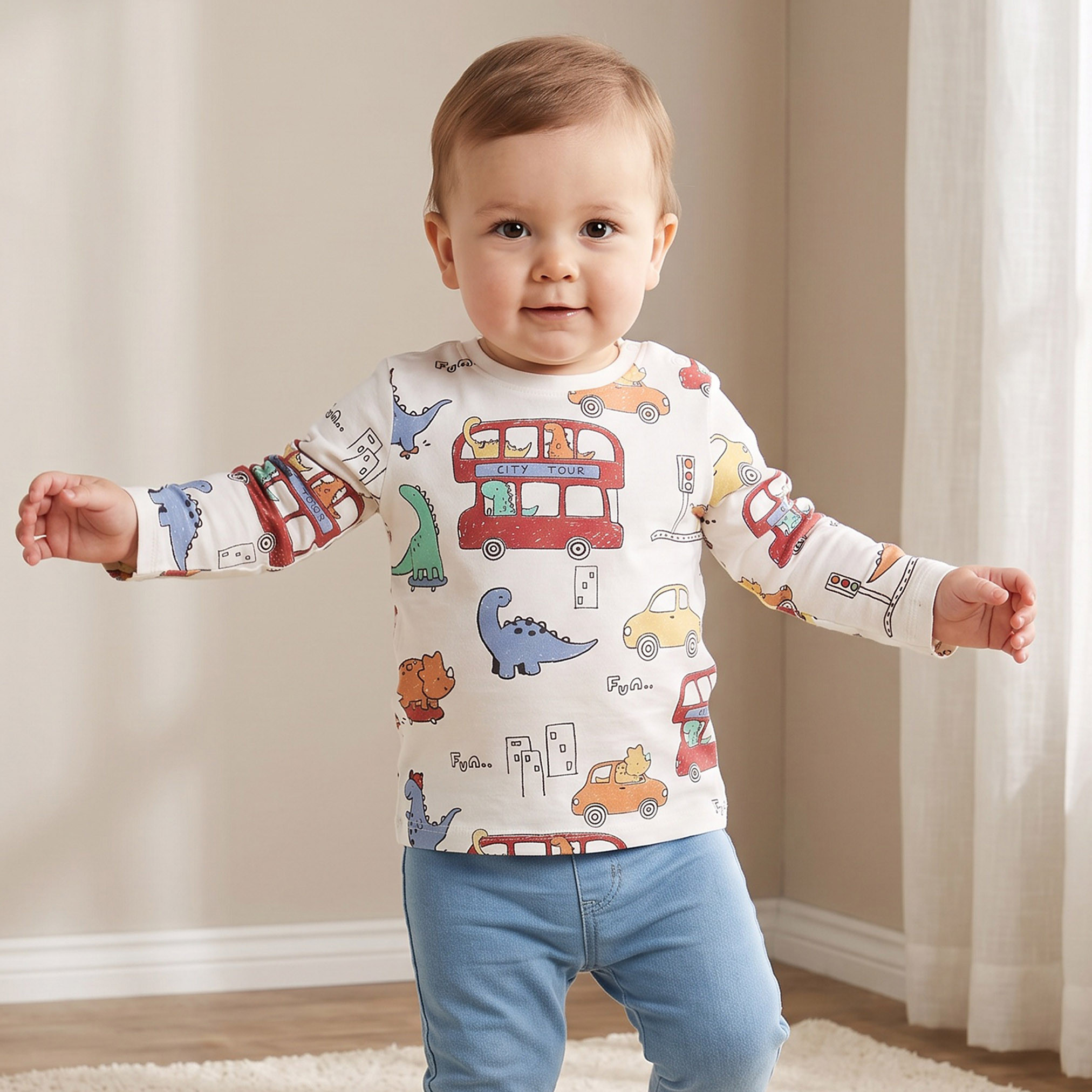 تيشيرت بأكمام طويلة وطبعات شاحنات وياقة ضيقة من جونيورز-baby-boys-clothing-tshirtsandpolos-image-1