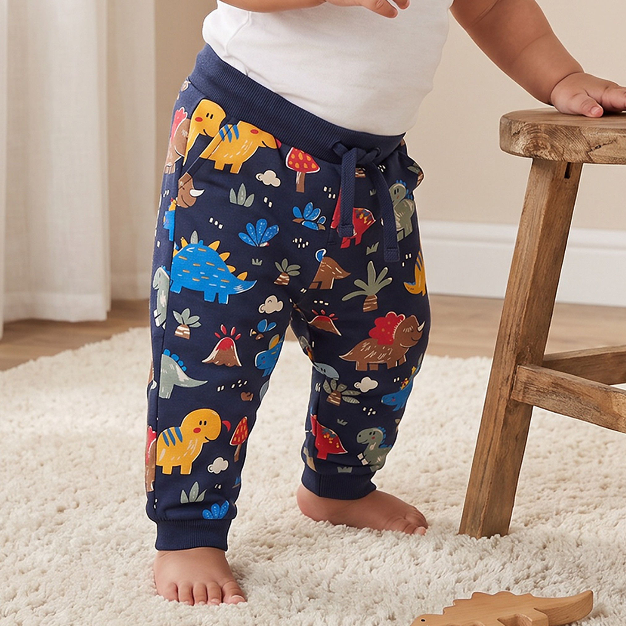 Juniors Elasticated Drawstring Waist Joggers with Dinosaur Print-baby-boys-clothing-bottoms-joggersandtrackpants-image-1