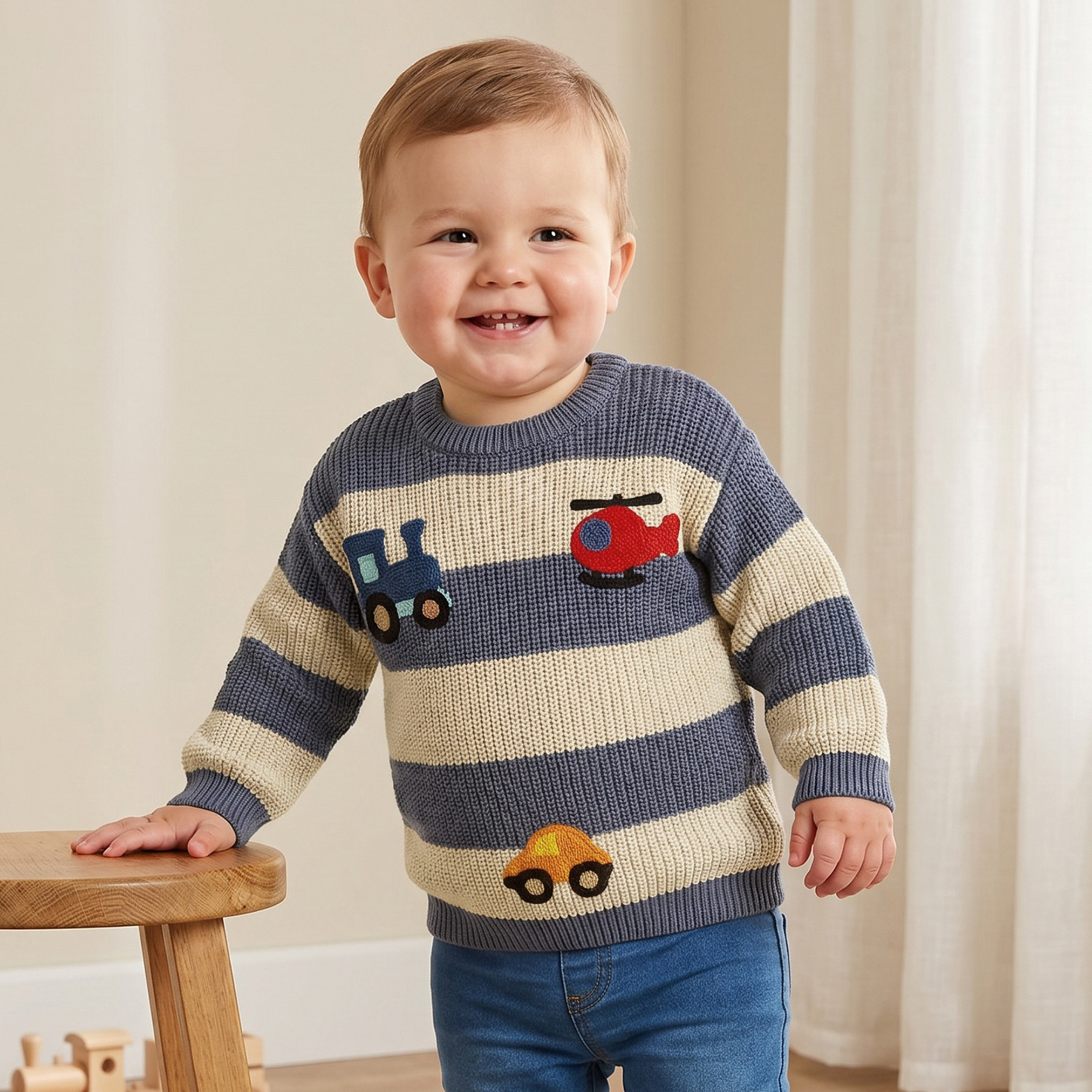 كنزة مخططة بياقة مستديرة من جونيورز-baby-boys-clothing-winterwear-jumpersandcardigans-image-1