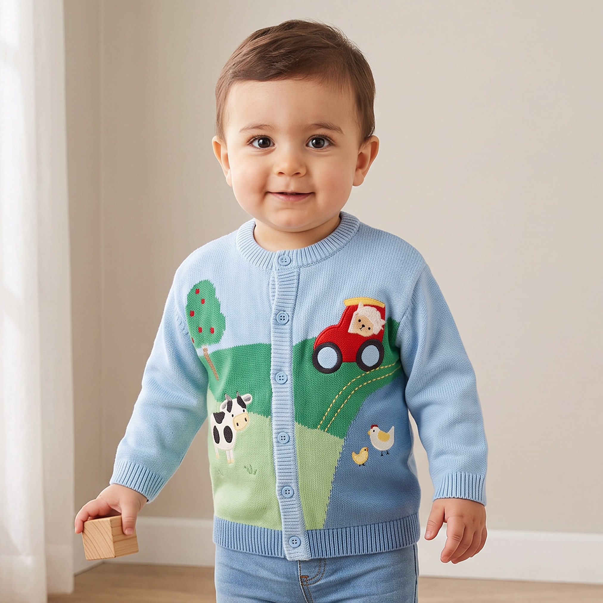 كارديجان بياقة مستديرة وتصميم المزرعة من جونيورز-baby-boys-clothing-winterwear-jumpersandcardigans-image-1