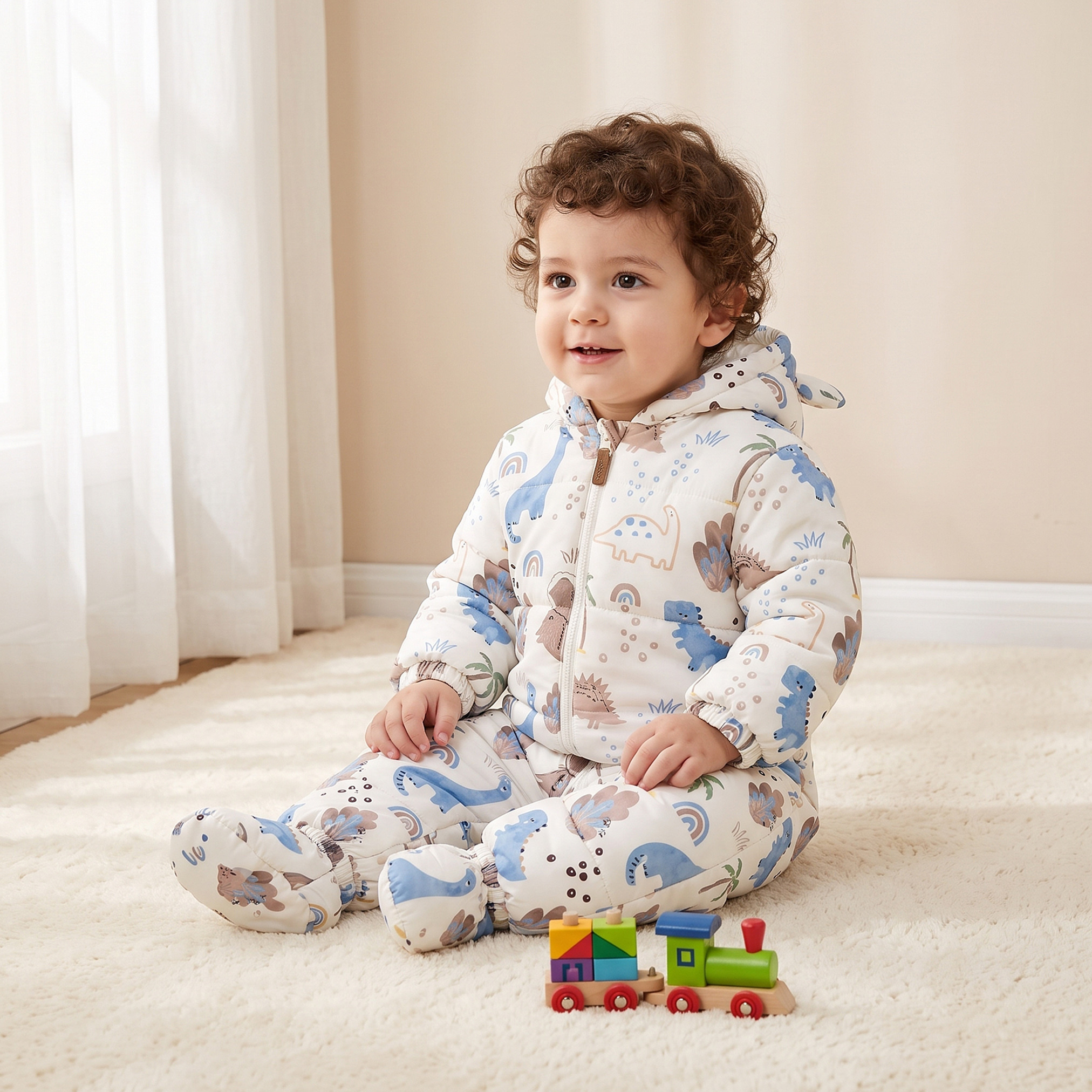 Juniors Hooded Long Sleeves Coverall with Dinosaur Print-baby-boys-clothing-winterwear-sleepsuits-image-1