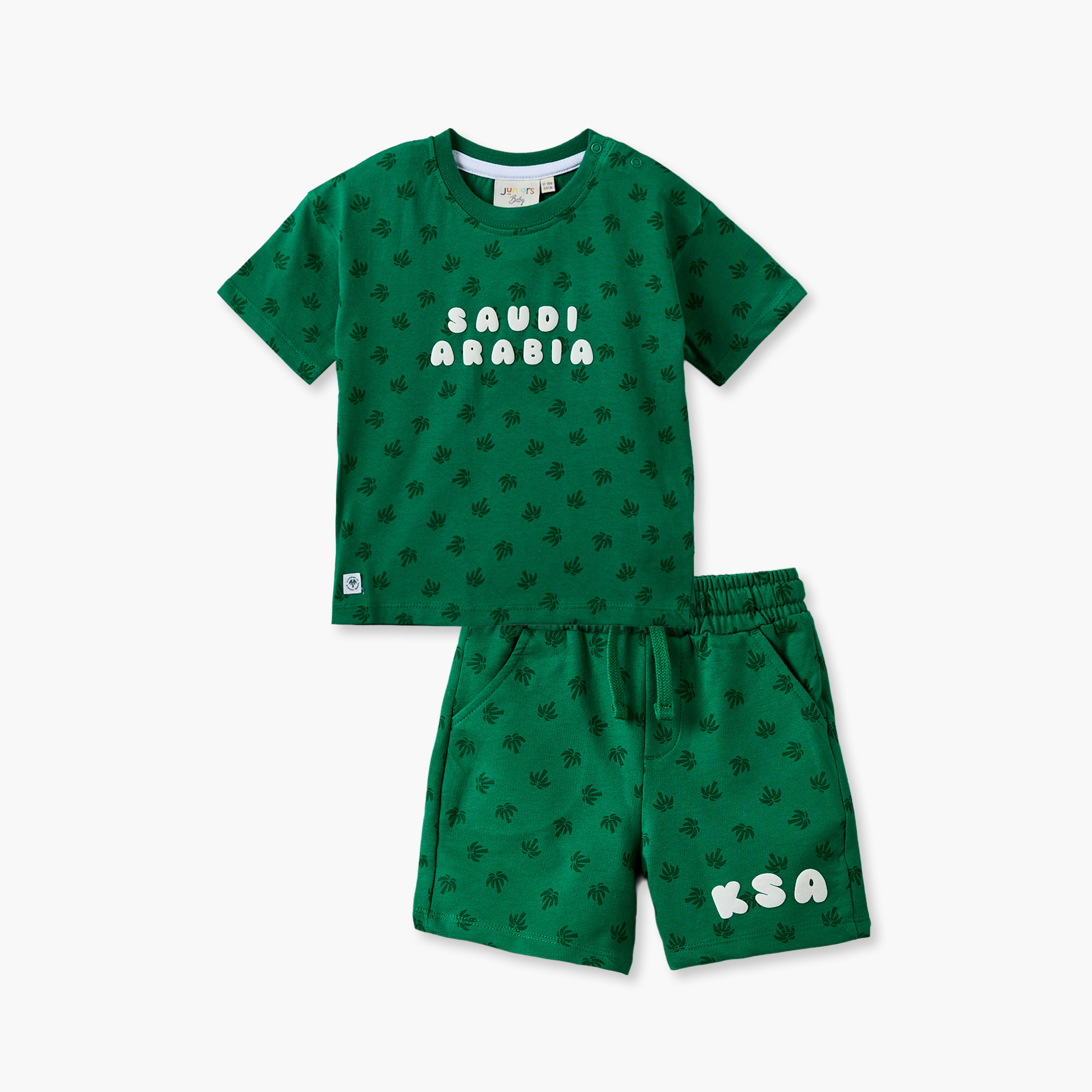 Juniors Crew Neck Short Sleeves T-shirt and Shorts Set with KSA National Day Print-baby-boys-clothing-setsandcoords-image-2