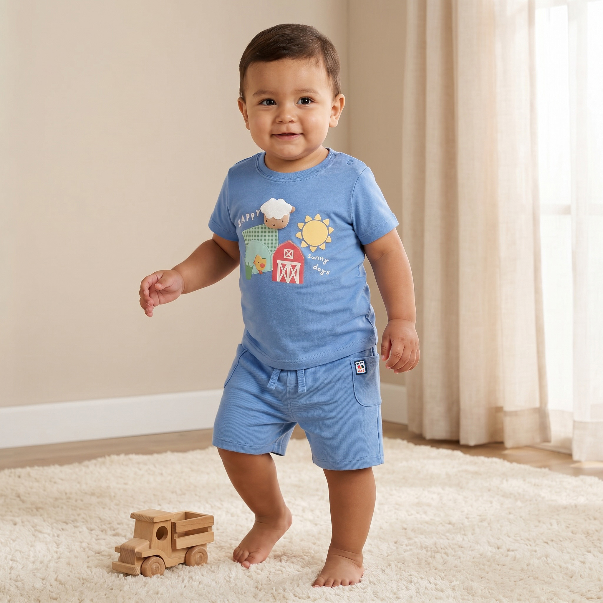 Juniors Crew Neck Short Sleeves T-shirt and Shorts Set with Farmyard Print-baby-boys-clothing-setsandcoords-image-1