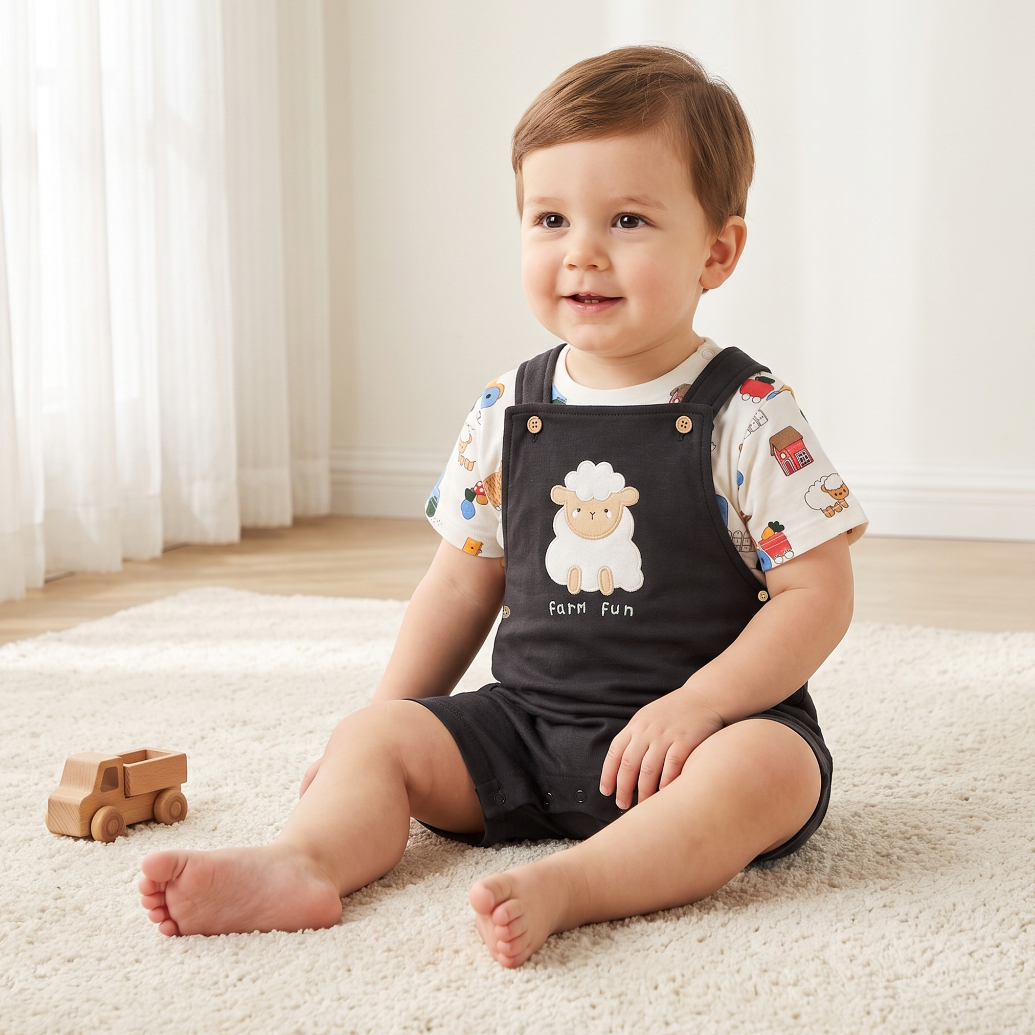 Juniors Crew Neck Short Sleeves T-shirt and Dungaree Set with Sheep Applique-baby-boys-clothing-setsandcoords-image-1