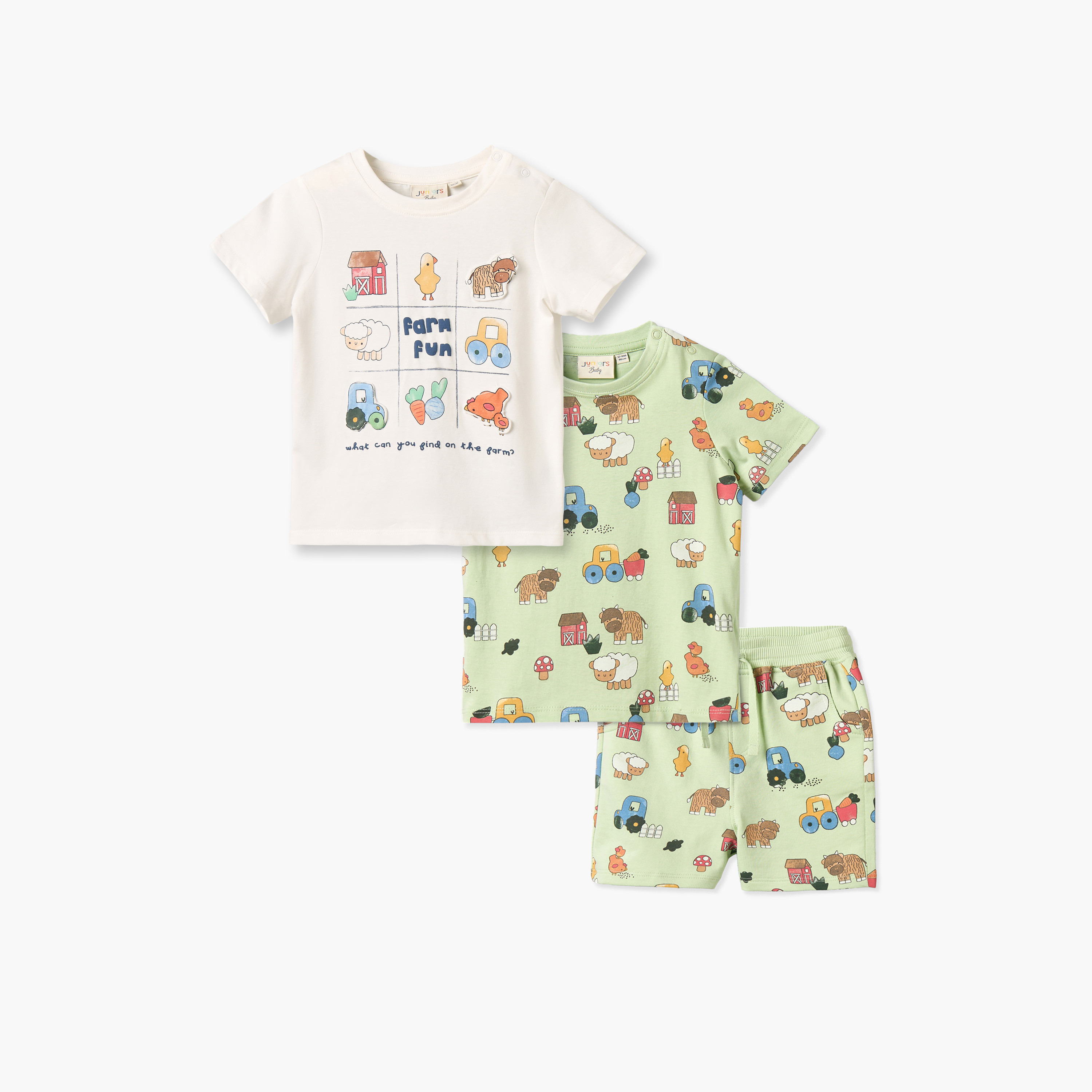 طقم تيشيرت بياقة مستديرة وأكمام قصيرة وشورت بطبعة مزرعة من جونيورز - طقم من 3 قطع-baby-boys-clothing-setsandcoords-image-1
