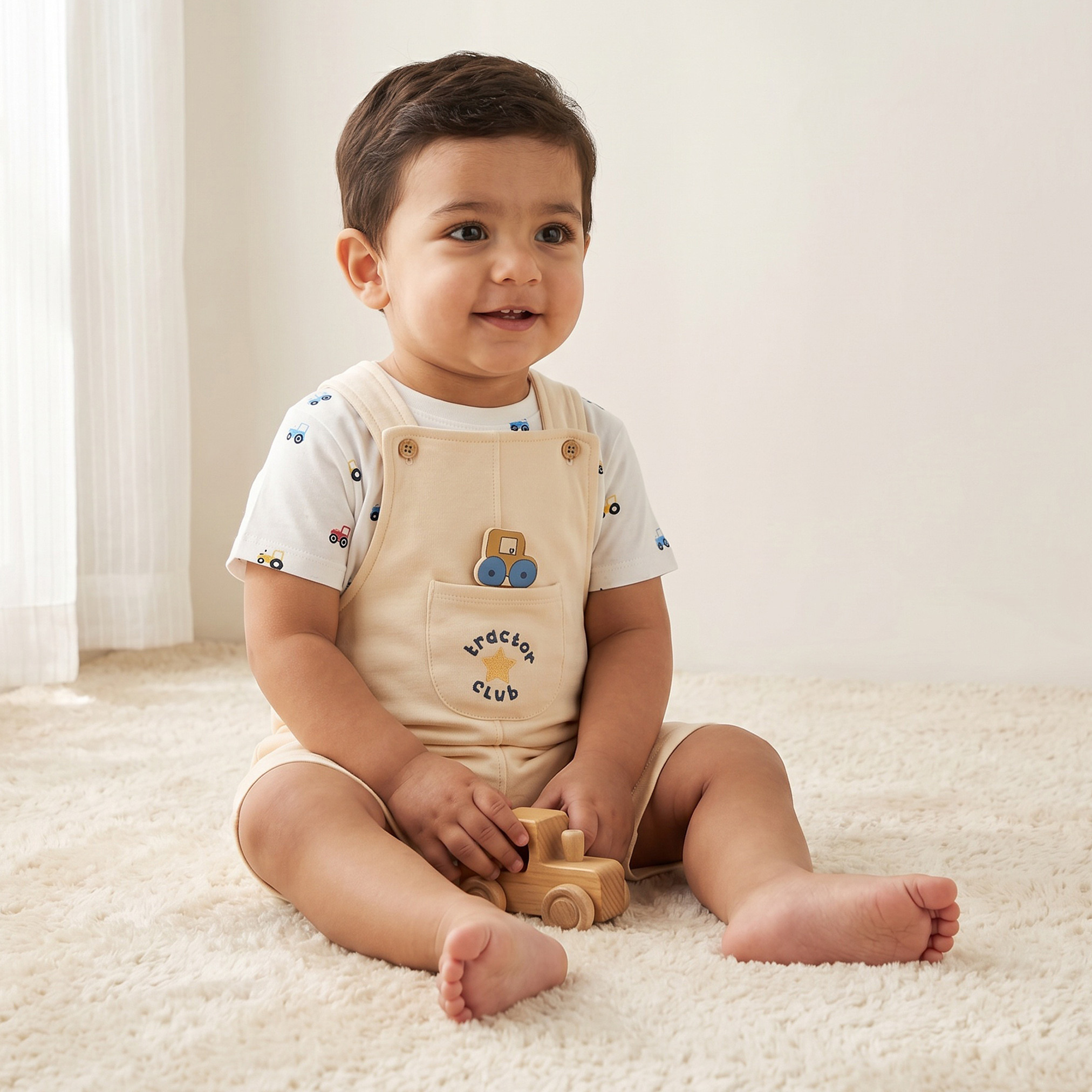 طقم تيشيرت بياقة ضيقة وأكمام قصيرة مع دنغري بطبعات جرار من جونيورز-baby-boys-clothing-setsandcoords-image-1