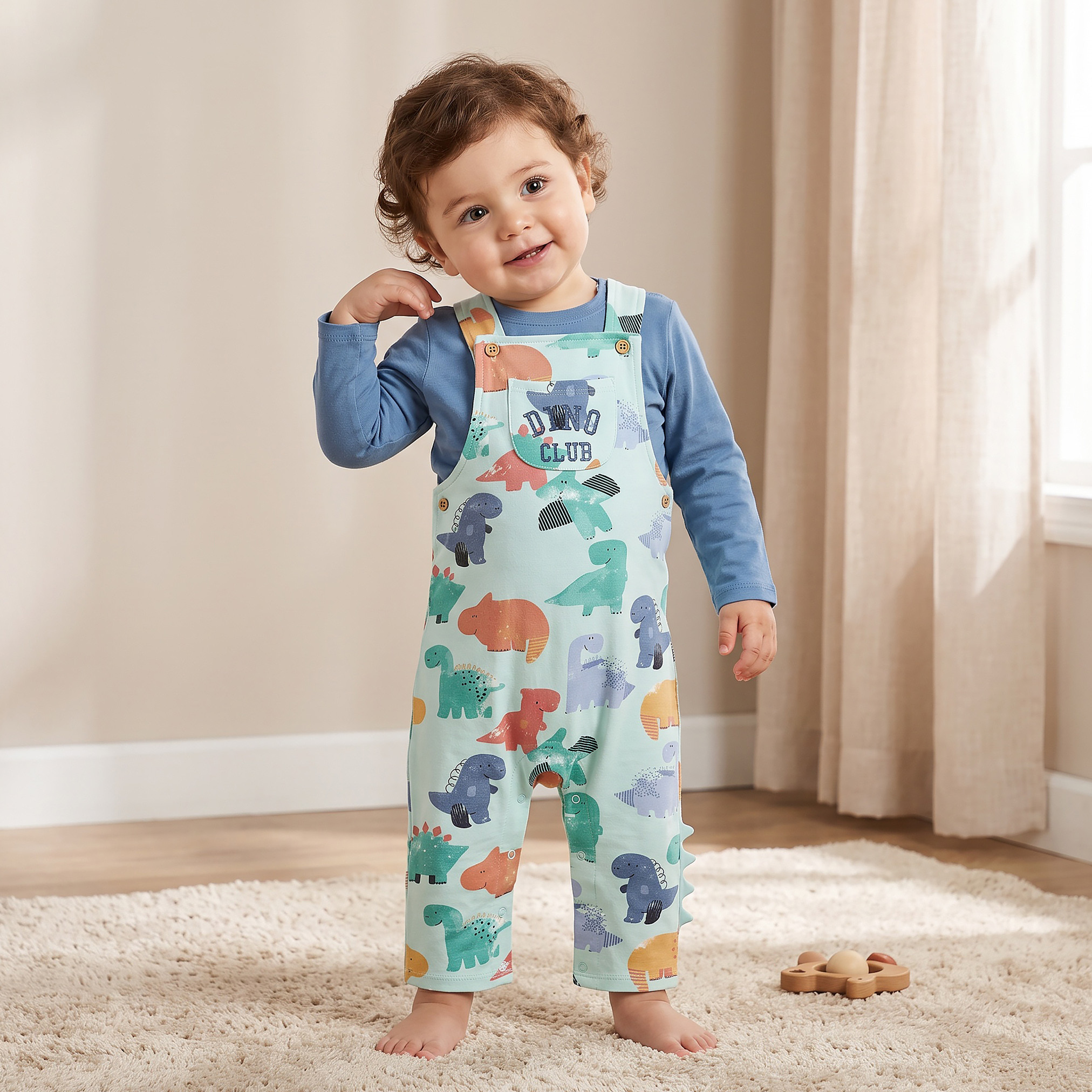 طقم دنغري بطبعات ديناصورات وتيشيرت برقبة ضيقة وأكمام طويلة من جونيورز-baby-boys-clothing-setsandcoords-image-1